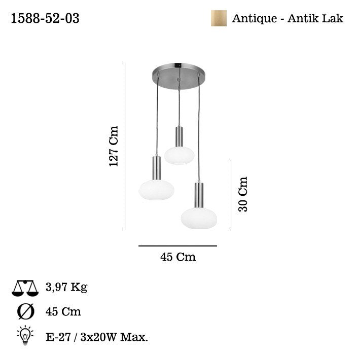Candeeiro de Teto – 30-127 cm – Laca Antiga – Metal e Vidro