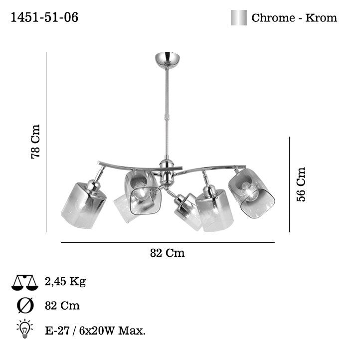 Candeeiro de Teto – 57-79 cm – Cromado – Metal e Vidro