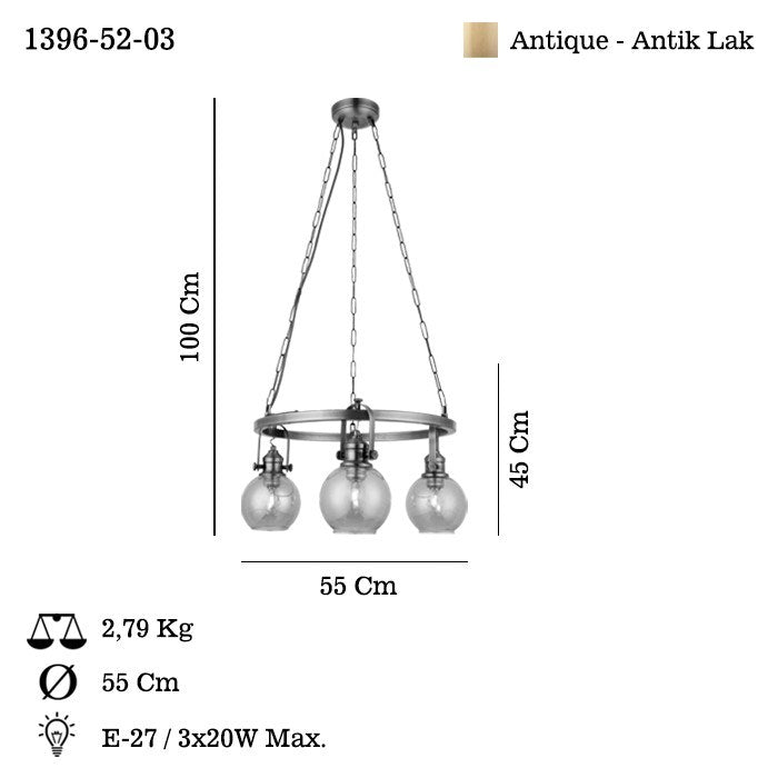 Candeeiro de Teto – 50 a 95 cm – Cor antiquação – Metal e vidro