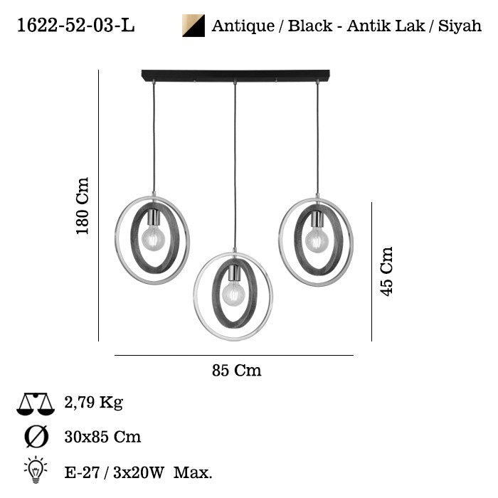 Candeeiro de Teto – 45 a 180 cm – Laca Antiga – Metal e Madeira