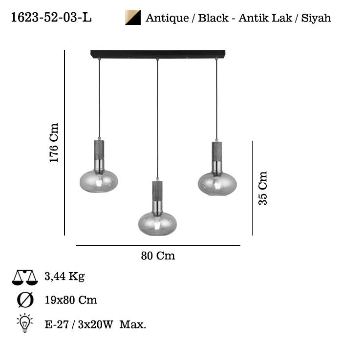 Candeeiro de Teto – 35 - 176 cm – Laca Antiga – Metal