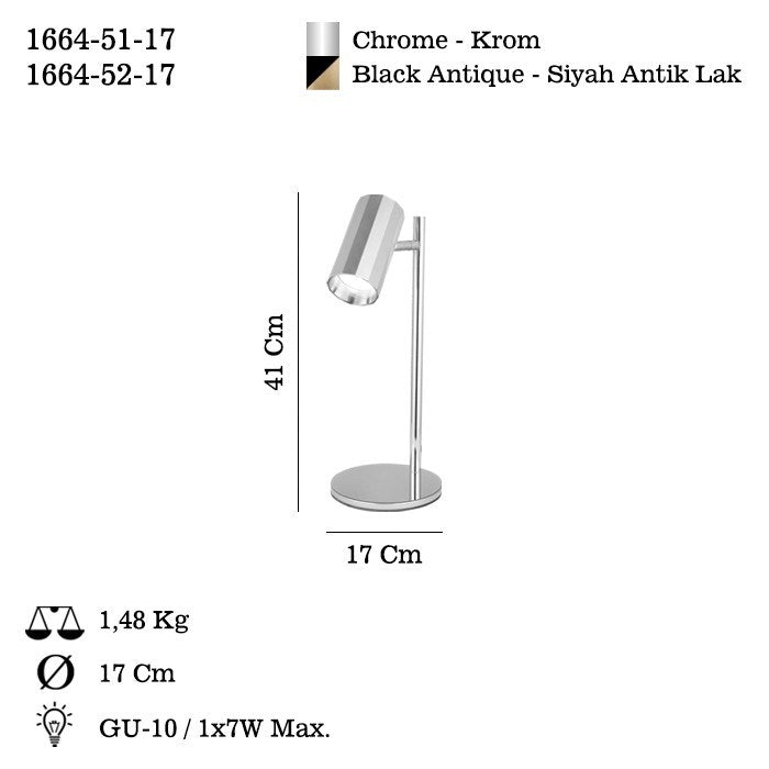 Candeeiro de Mesa – 41 cm – Cromo – Metal