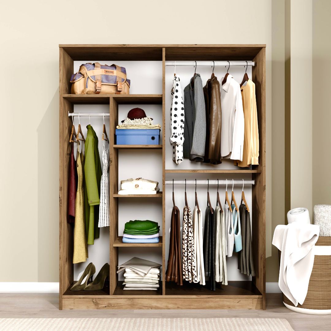 Guarda-roupa de MDF revestido de melamina – 140 cm x 180 cm x 51,8 cm – Pinheiro do Atlântico