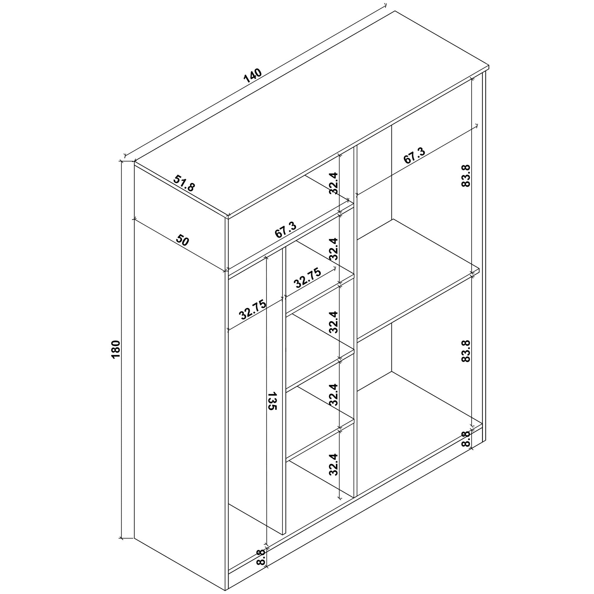 Guarda-roupa de MDF revestido de melamina – 140 cm x 180 cm x 51,8 cm – Pinheiro do Atlântico