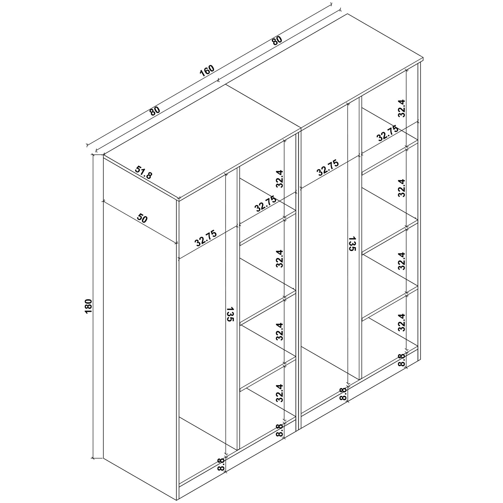 Guarda-roupa de MDF revestido de melamina – 160cm x 180cm x 51,8cm – Pinheiro do Atlântico