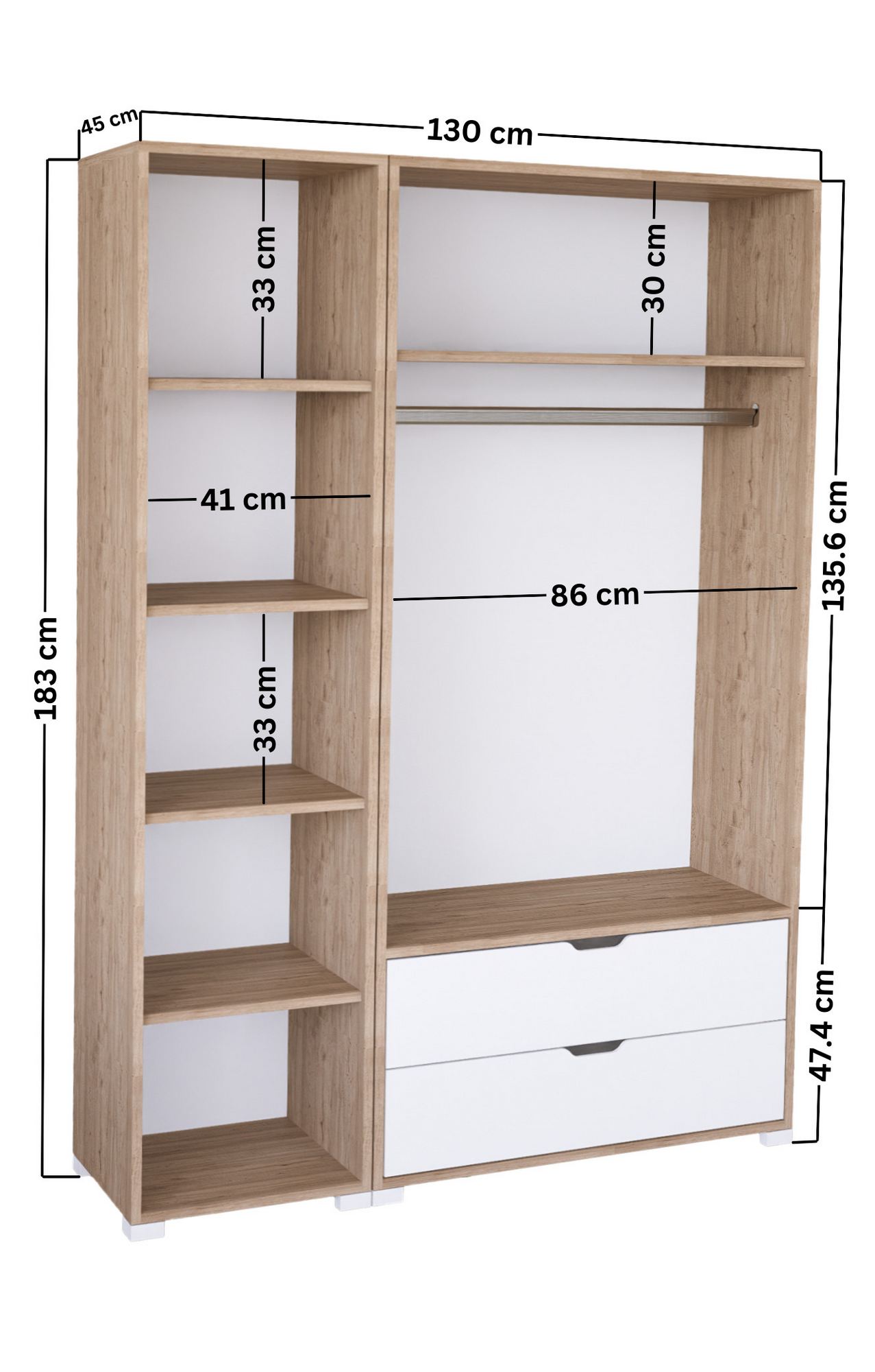 Guarda-roupa – 130 cm x 183 cm x 45 cm – Nogueira Clara – Painel de partículas revestido de melamina
