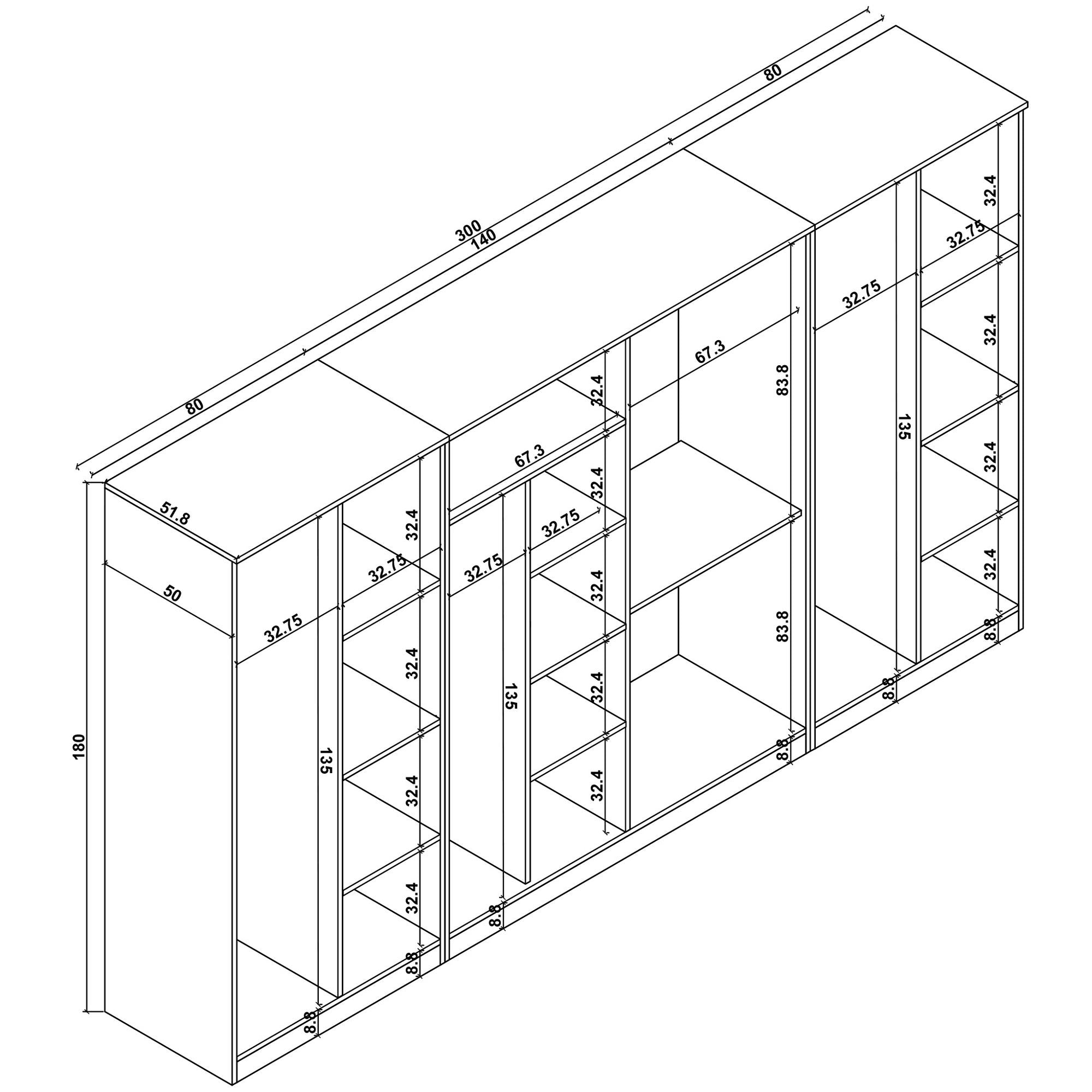 Guarda-roupa de MDF revestido de melamina – 300 cm x 180 cm x 51,8 cm – Pinheiro Atlântico