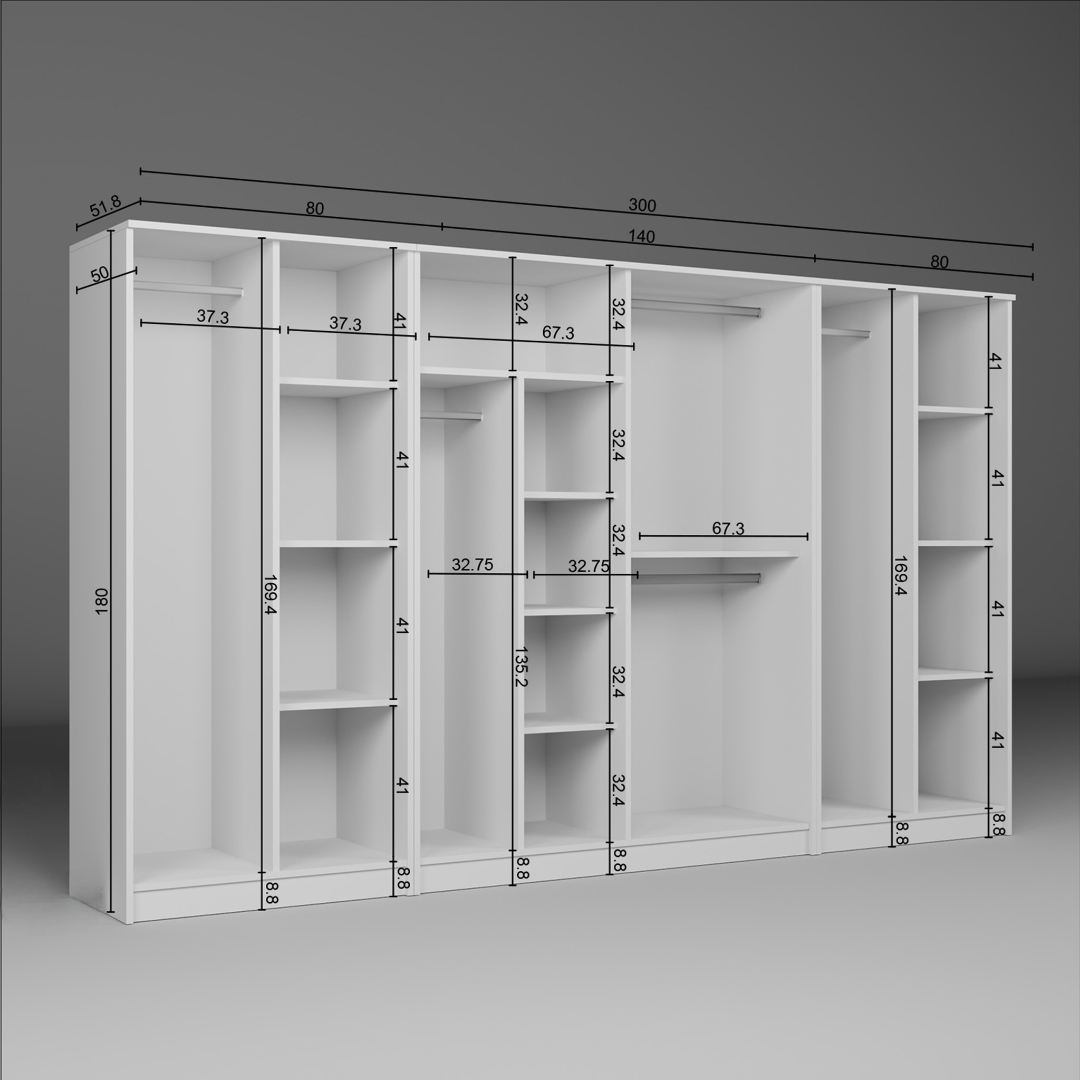 Guarda-roupa de painel de partículas revestido com melamina – 300 cm x 180 cm x 51,8 cm – Branco