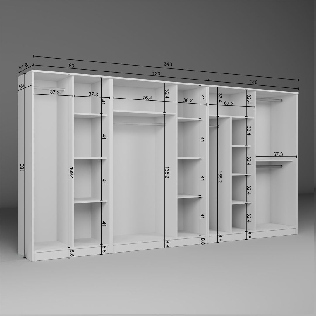 Guarda-roupa – 340 cm x 180 cm x 51,8 cm – Branco – MDF