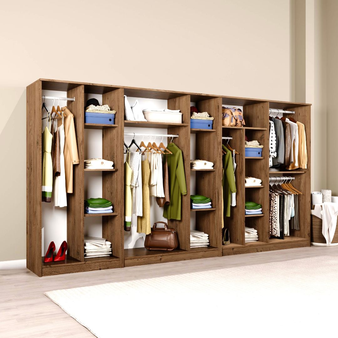 Guarda-roupa – 340 cm x 180 cm x 51.8 cm – Pinheiro Atlântico – painel de partículas revestido em melamina 100%