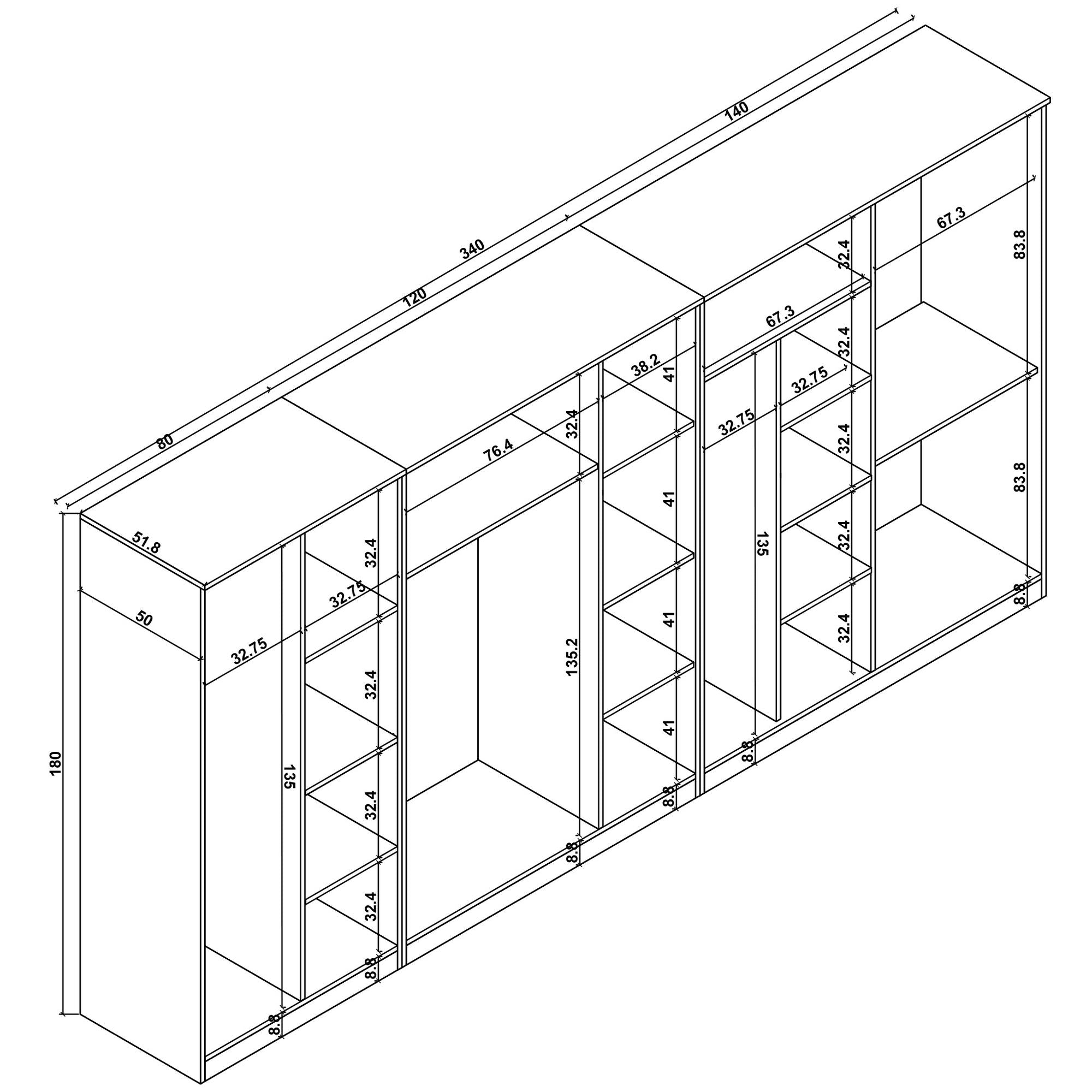 Guarda-roupa – 340 cm x 180 cm x 51.8 cm – Pinheiro Atlântico – painel de partículas revestido em melamina 100%