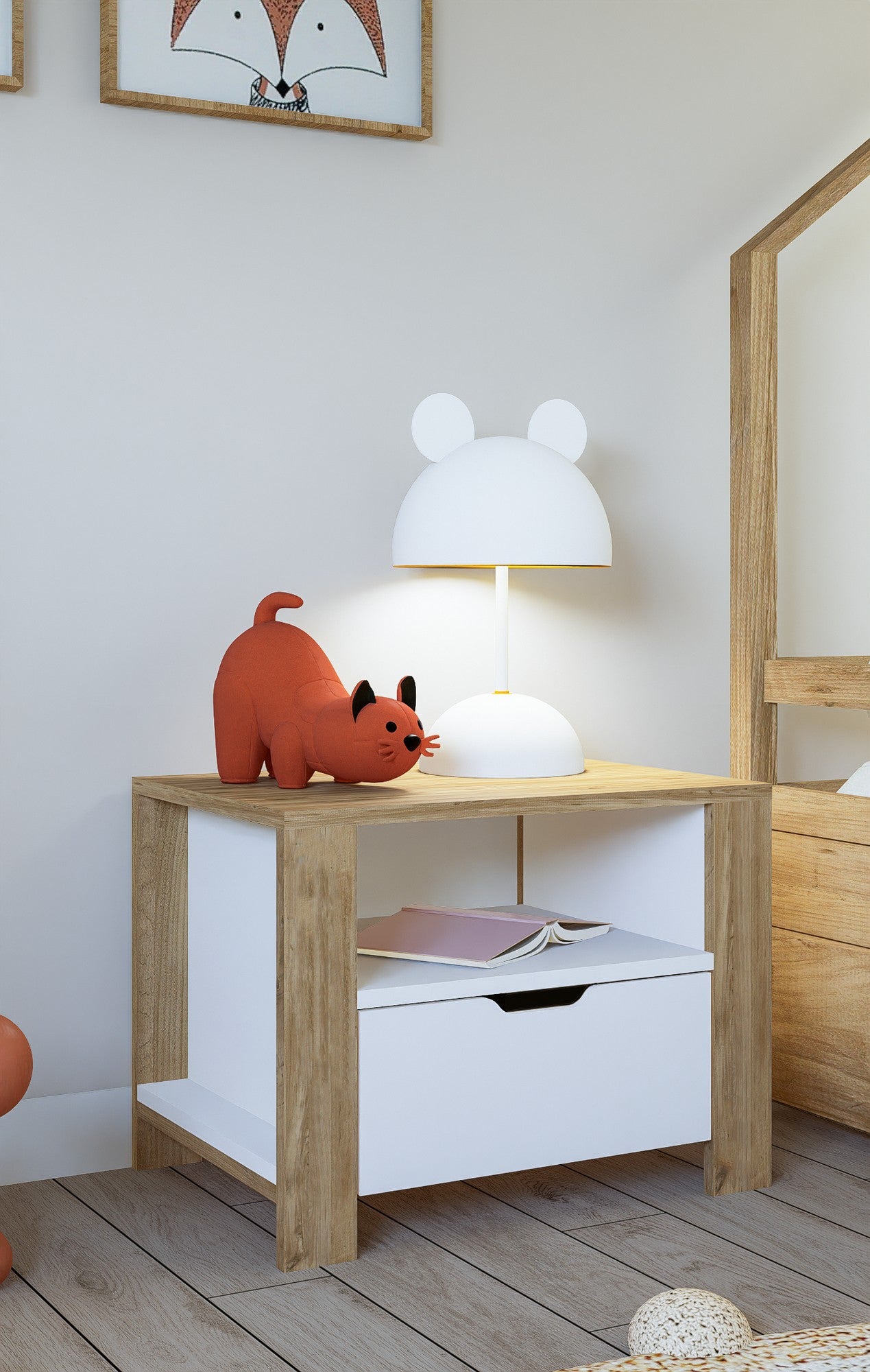 Mesa de cabeceira – 60 cm x 42 cm x 45 cm – Nogueira Clara e Branco – Painéis de Partículas com Revestimento de Melamina
