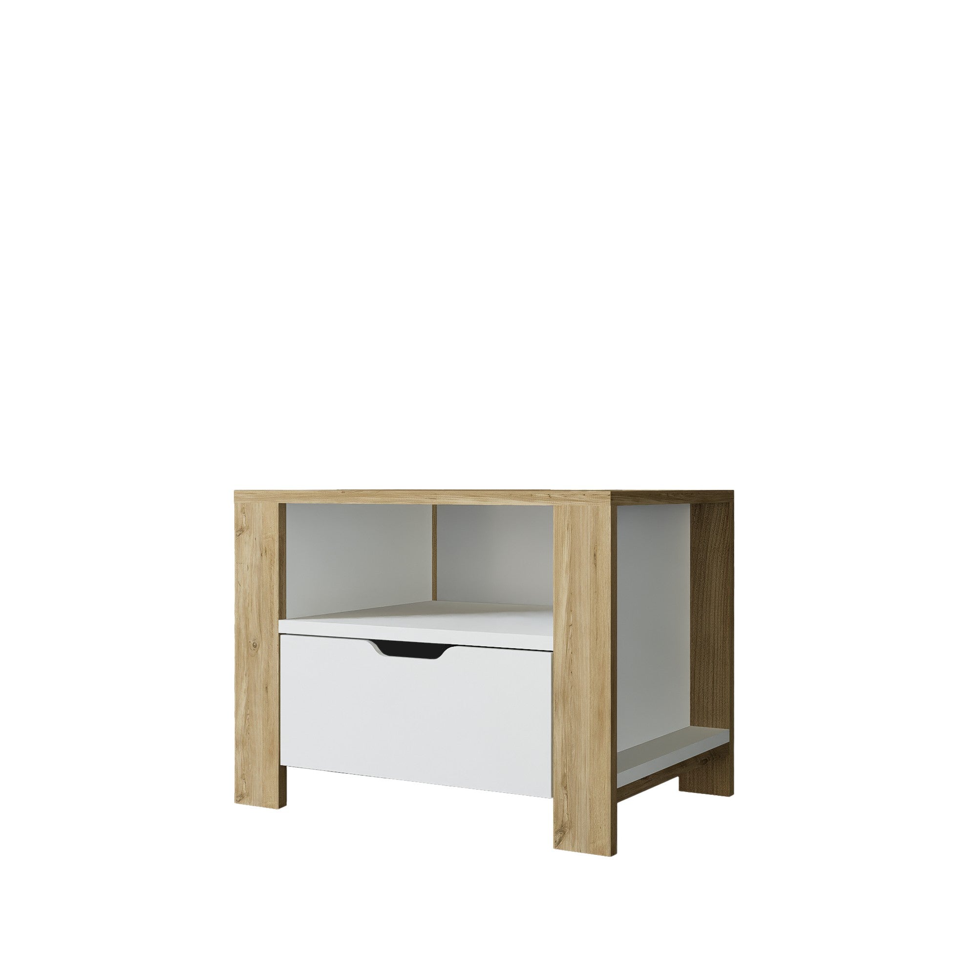 Mesa de cabeceira – 60 cm x 42 cm x 45 cm – Nogueira Clara e Branco – Painéis de Partículas com Revestimento de Melamina
