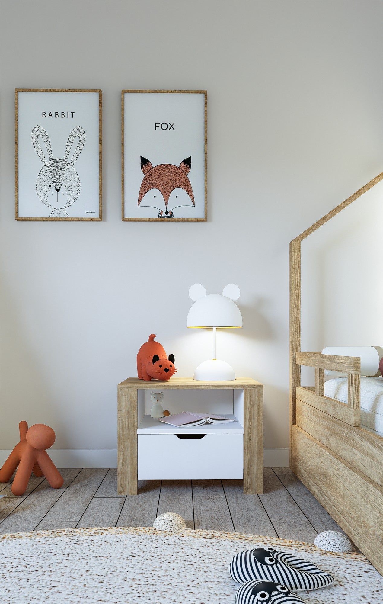 Mesa de cabeceira – 60 cm x 42 cm x 45 cm – Nogueira Clara e Branco – Painéis de Partículas com Revestimento de Melamina