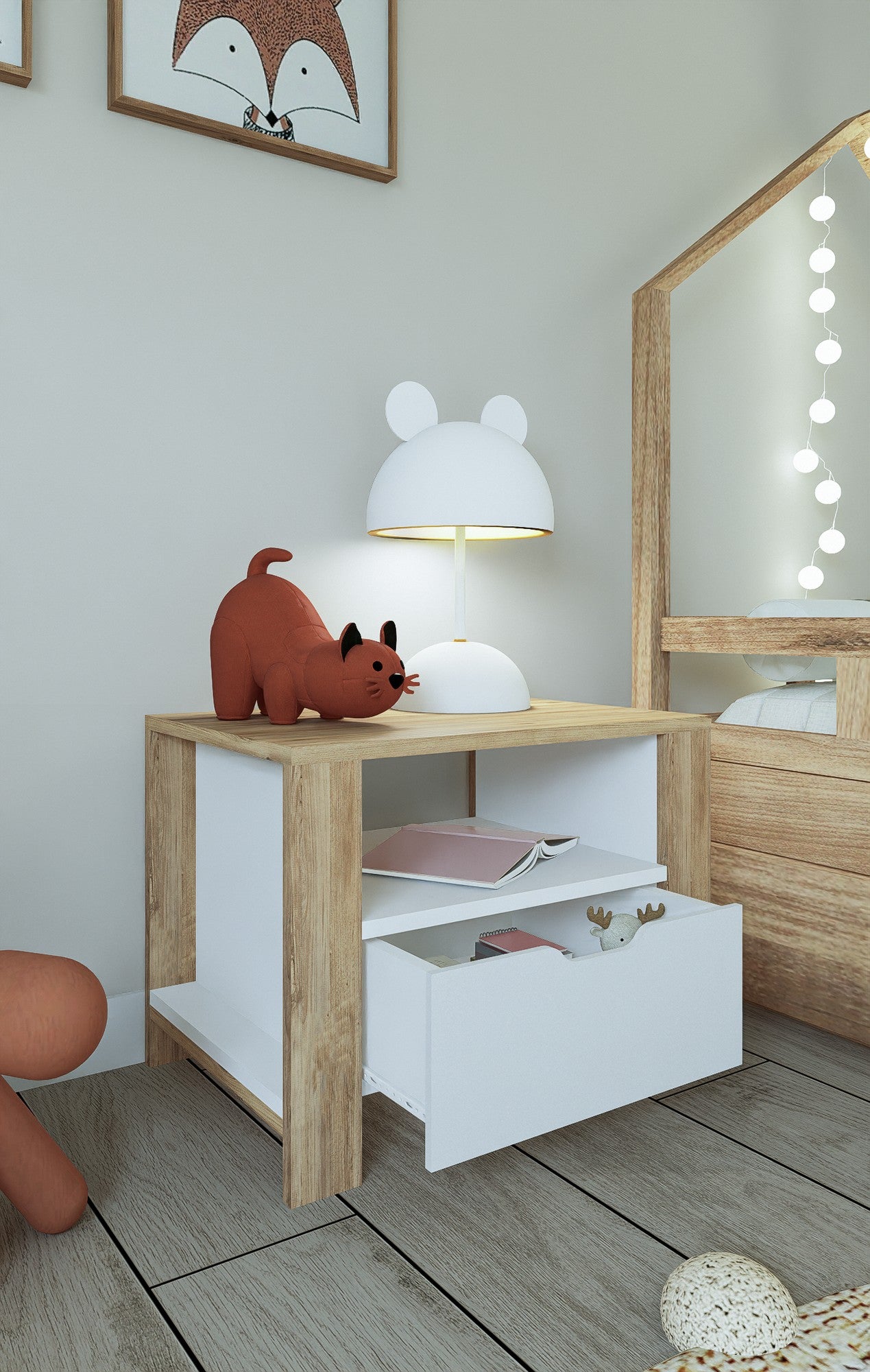 Mesa de cabeceira – 60 cm x 42 cm x 45 cm – Nogueira Clara e Branco – Painéis de Partículas com Revestimento de Melamina