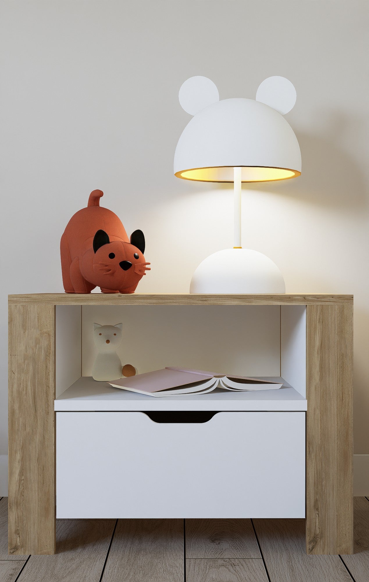 Mesa de cabeceira – 60 cm x 42 cm x 45 cm – Nogueira Clara e Branco – Painéis de Partículas com Revestimento de Melamina