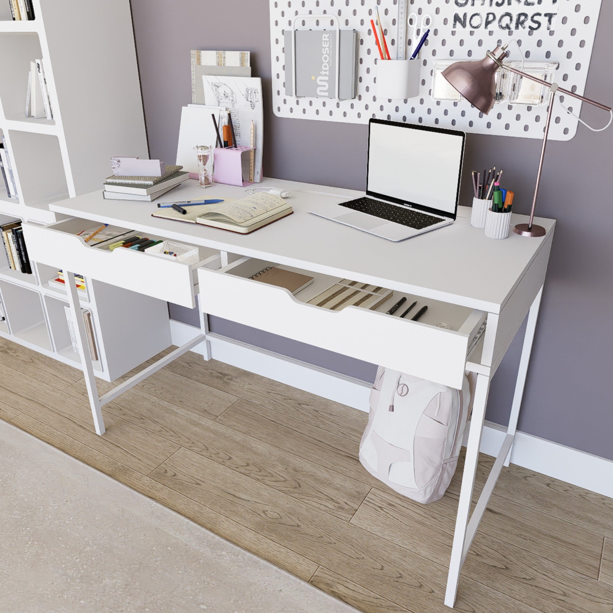 Secretária de Estudo – 120cm x 77.4cm x 55cm – Branco – Painéis de partículas revestidos a melamina