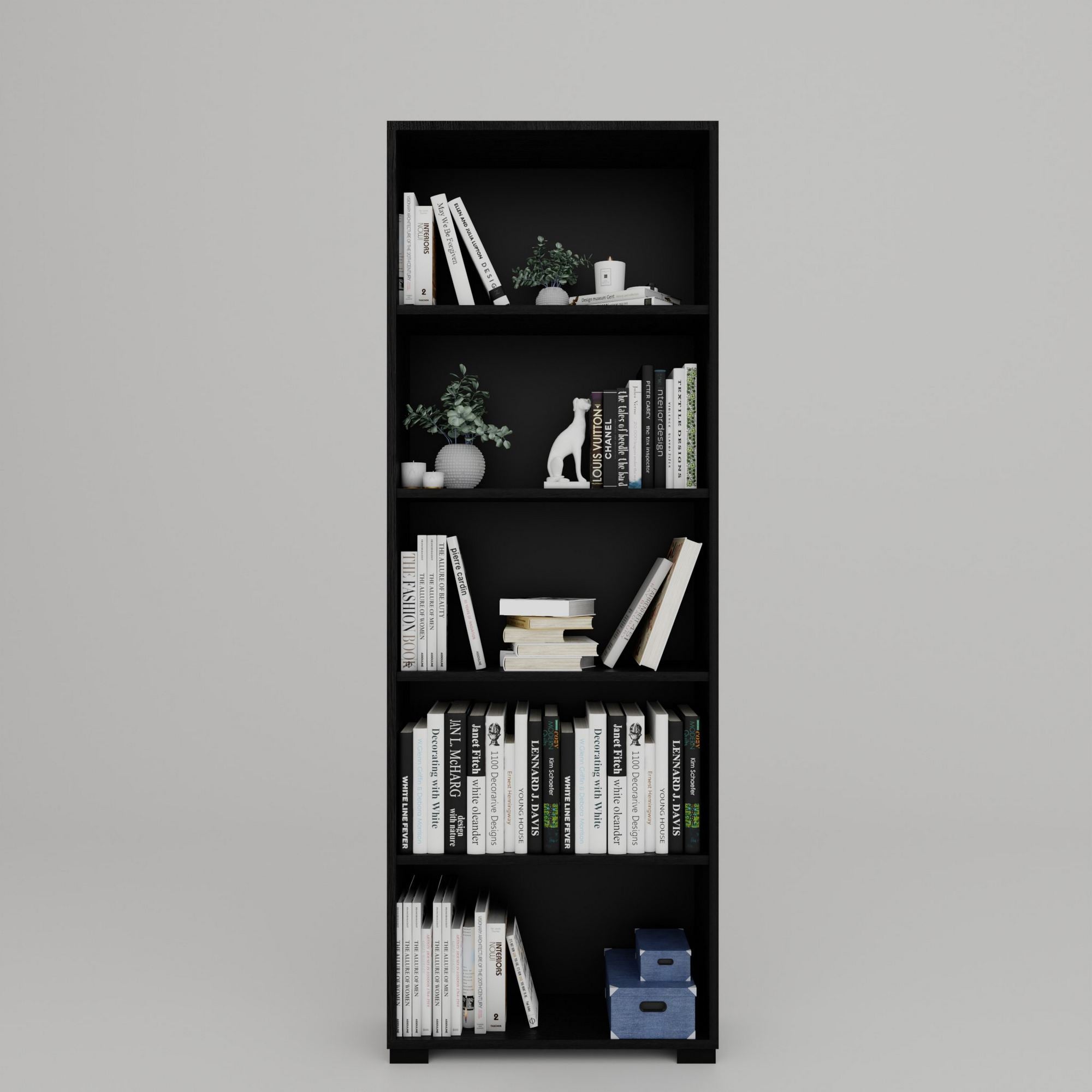Estante de livros – Largura: 64 cm – Altura: 182 cm – Profundidade: 25 cm – Cor: Preto – Material: MDF