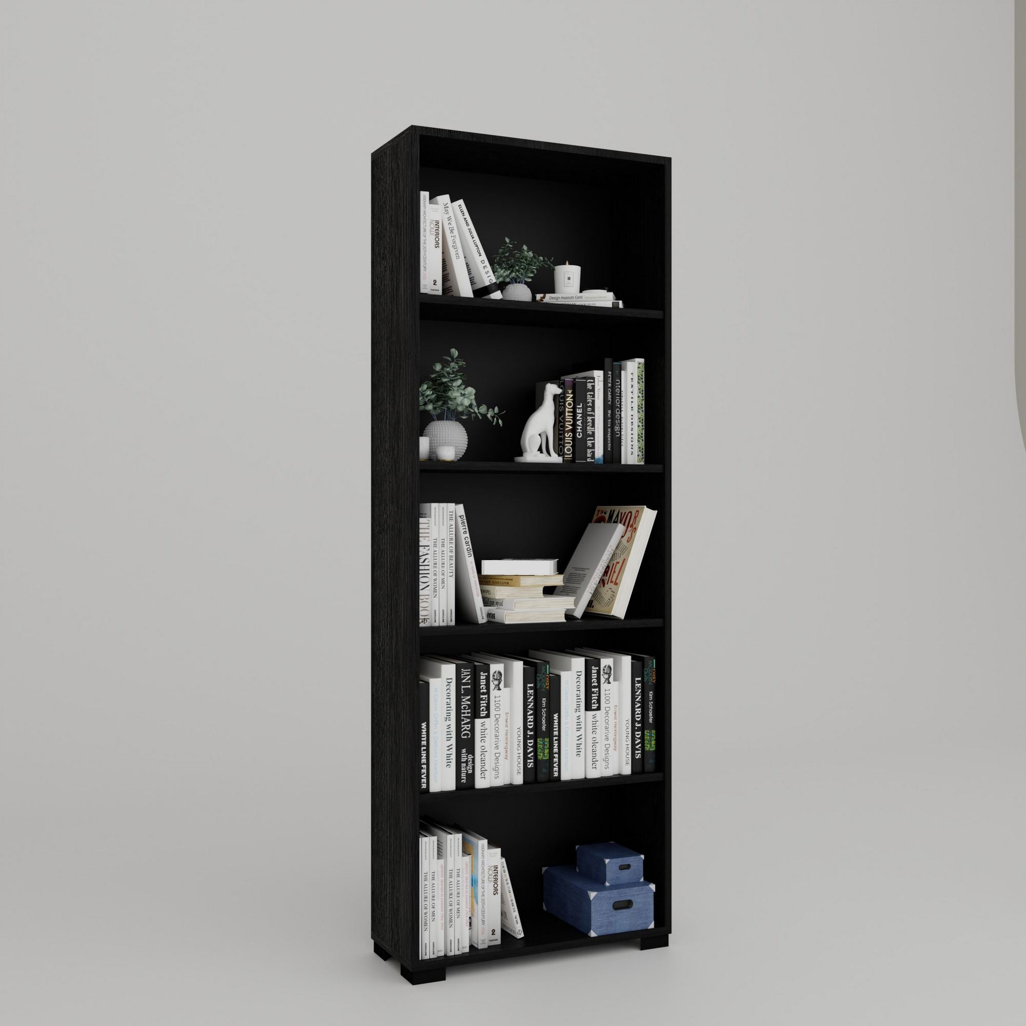 Estante de livros – Largura: 64 cm – Altura: 182 cm – Profundidade: 25 cm – Cor: Preto – Material: MDF