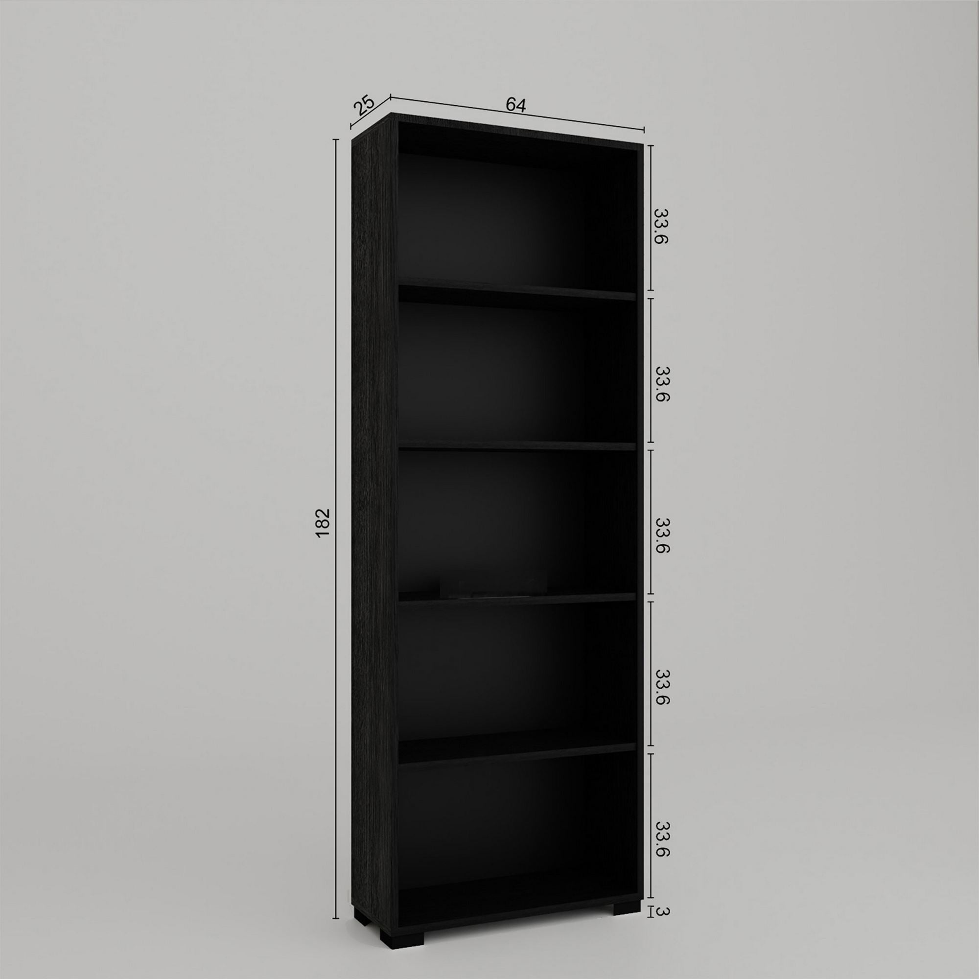 Estante de livros – Largura: 64 cm – Altura: 182 cm – Profundidade: 25 cm – Cor: Preto – Material: MDF