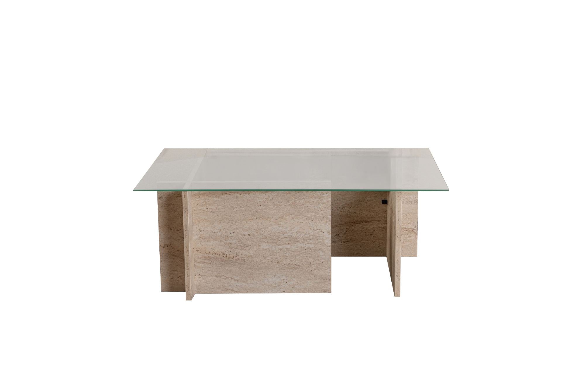 Mesa de Centro Elegante, 105 cm, Cor Travertino | 100% Vidro Temperado e Aglomerado Revestido em Melamina, 18 mm de Espessura | Design Elegante em Mármore para Espaços Modernos