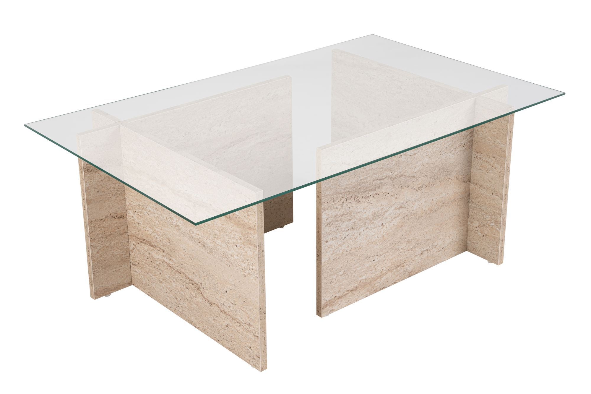 Mesa de Centro Elegante, 105 cm, Cor Travertino | 100% Vidro Temperado e Aglomerado Revestido em Melamina, 18 mm de Espessura | Design Elegante em Mármore para Espaços Modernos