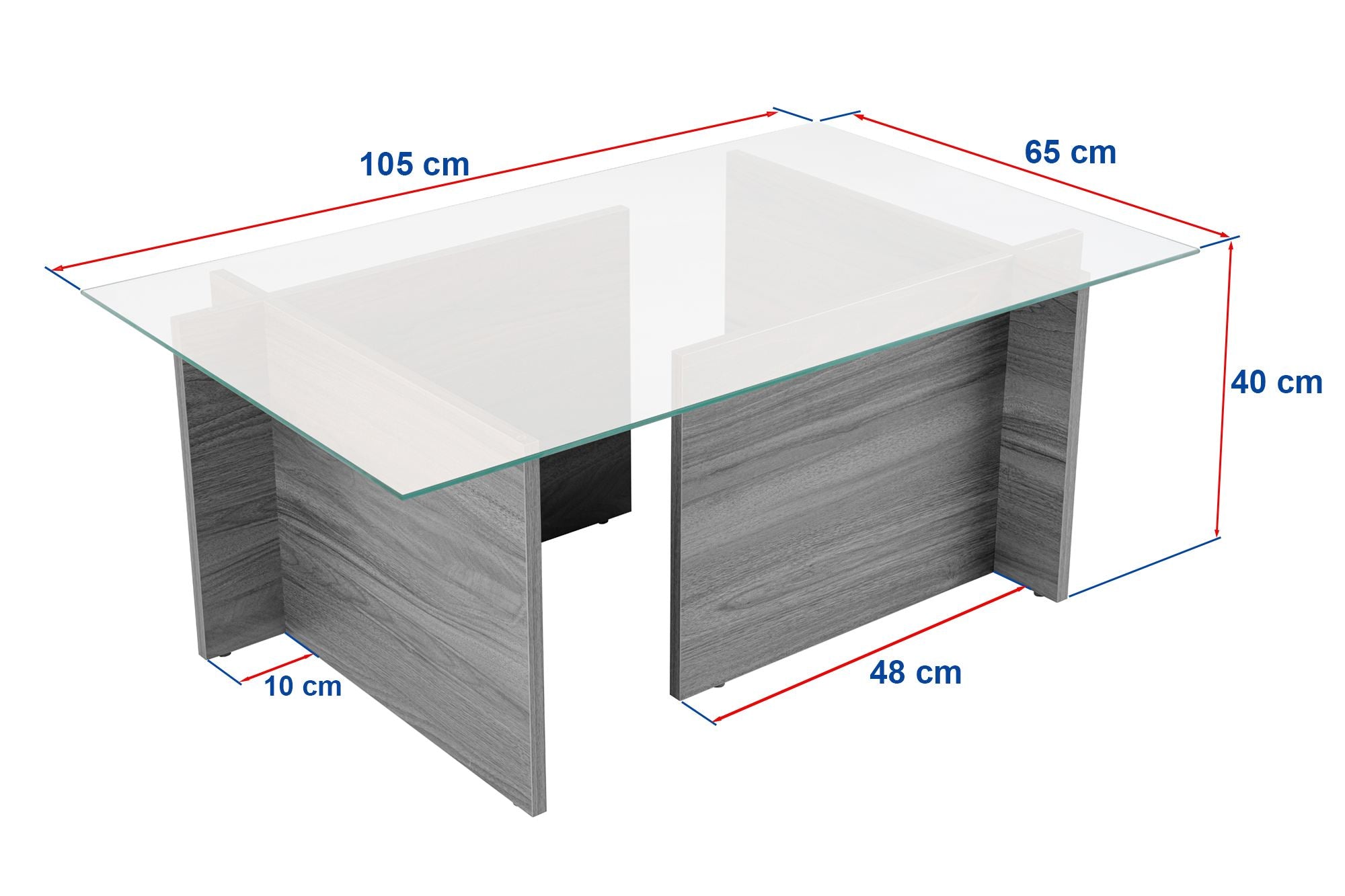 Mesa de Centro Cinza Elegante, 105 x 65 x 40 cm | Tampo 100% Vidro Temperado, Estrutura 100% Aglomerado Revestido em Melamina, 18 mm de Espessura | Design Moderno para Sala de Estar