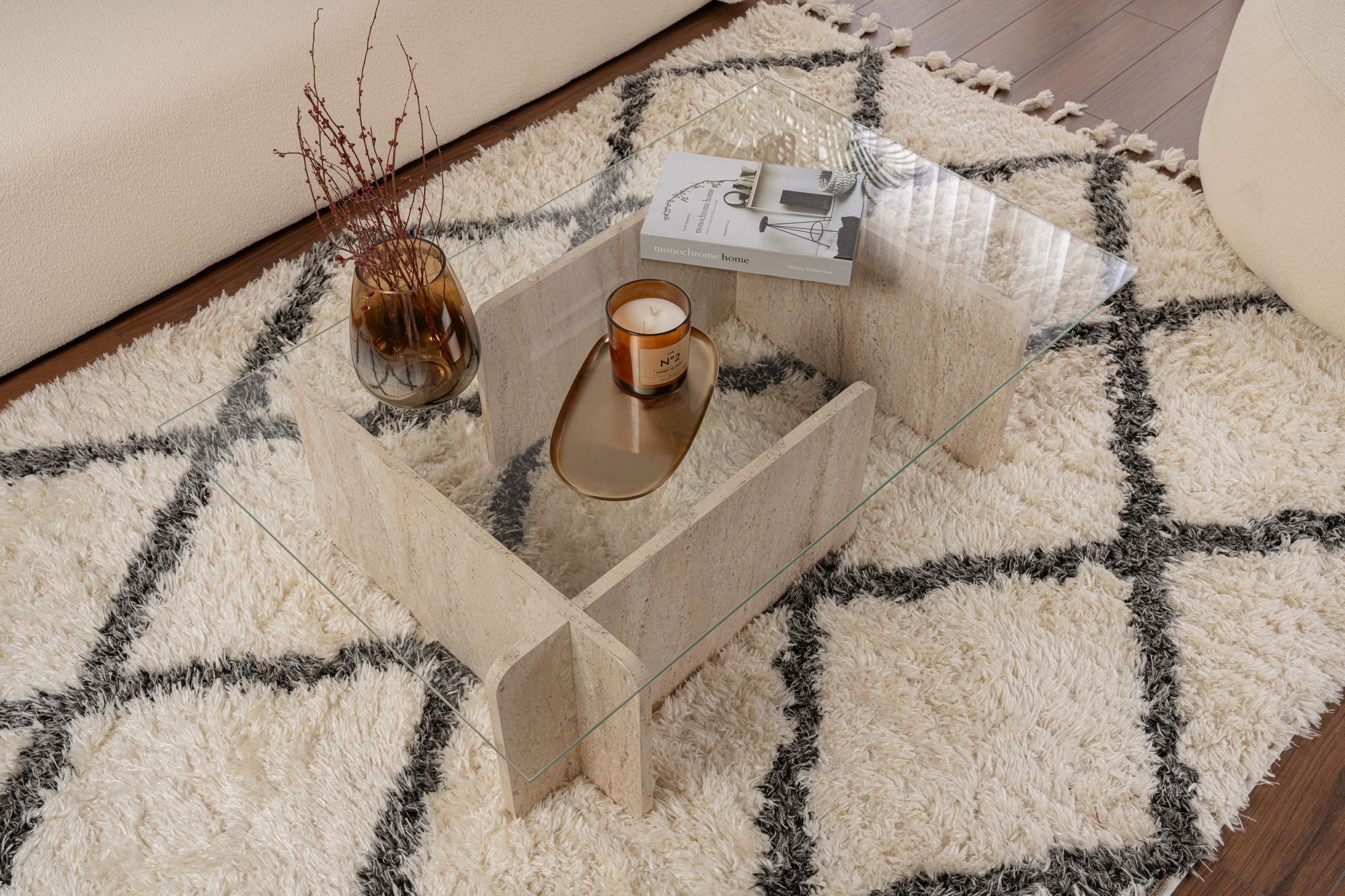 Mesa de Centro Elegante, 105 cm x 30 cm x 65 cm, Design em Mármore Travertino | Estrutura 100% Vidro Temperado e Revestimento em Melamina, 18 mm de Espessura | Elegante e Durável