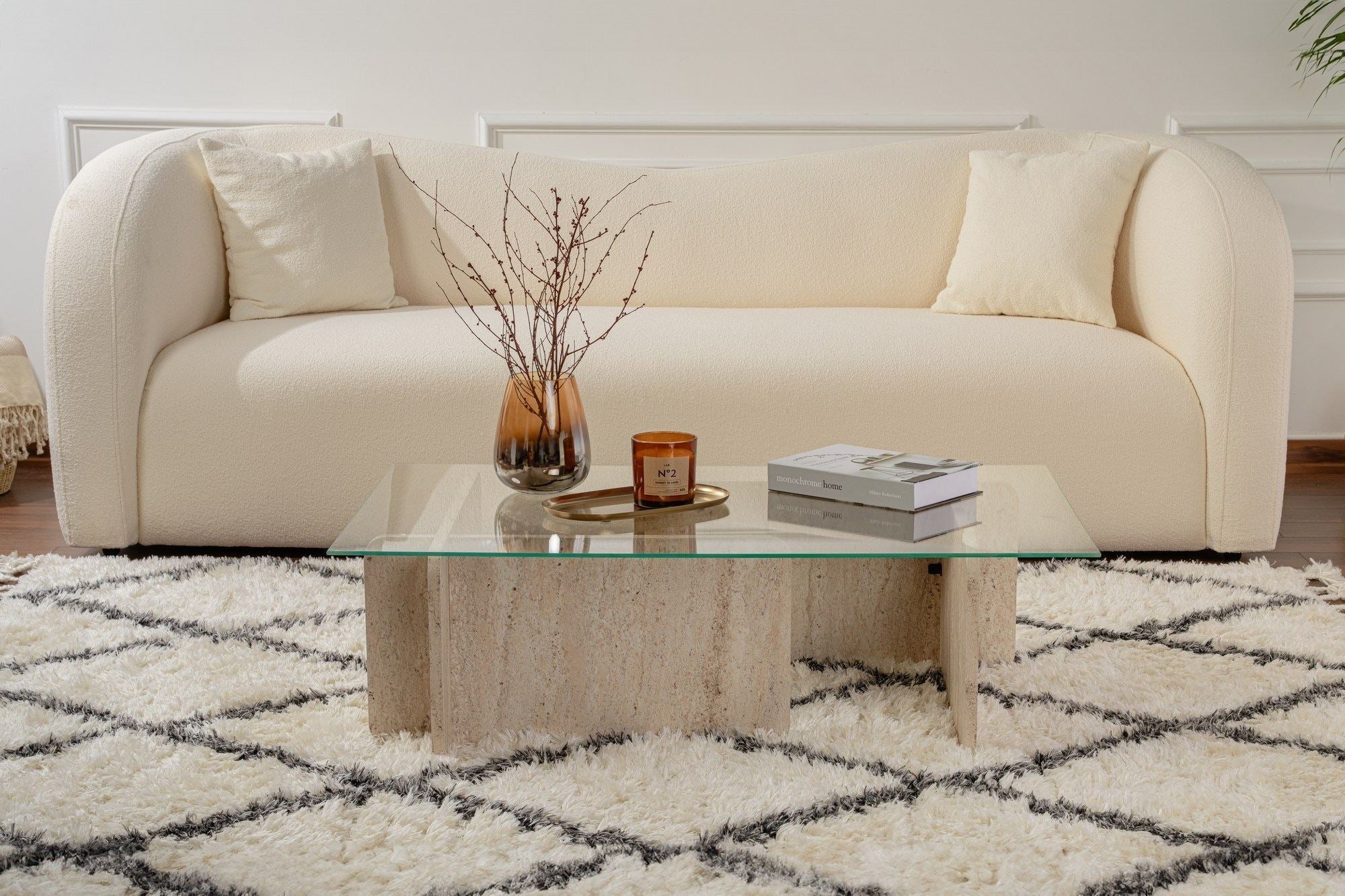 Mesa de Centro Elegante, 105 cm x 30 cm x 65 cm, Design em Mármore Travertino | Estrutura 100% Vidro Temperado e Revestimento em Melamina, 18 mm de Espessura | Elegante e Durável