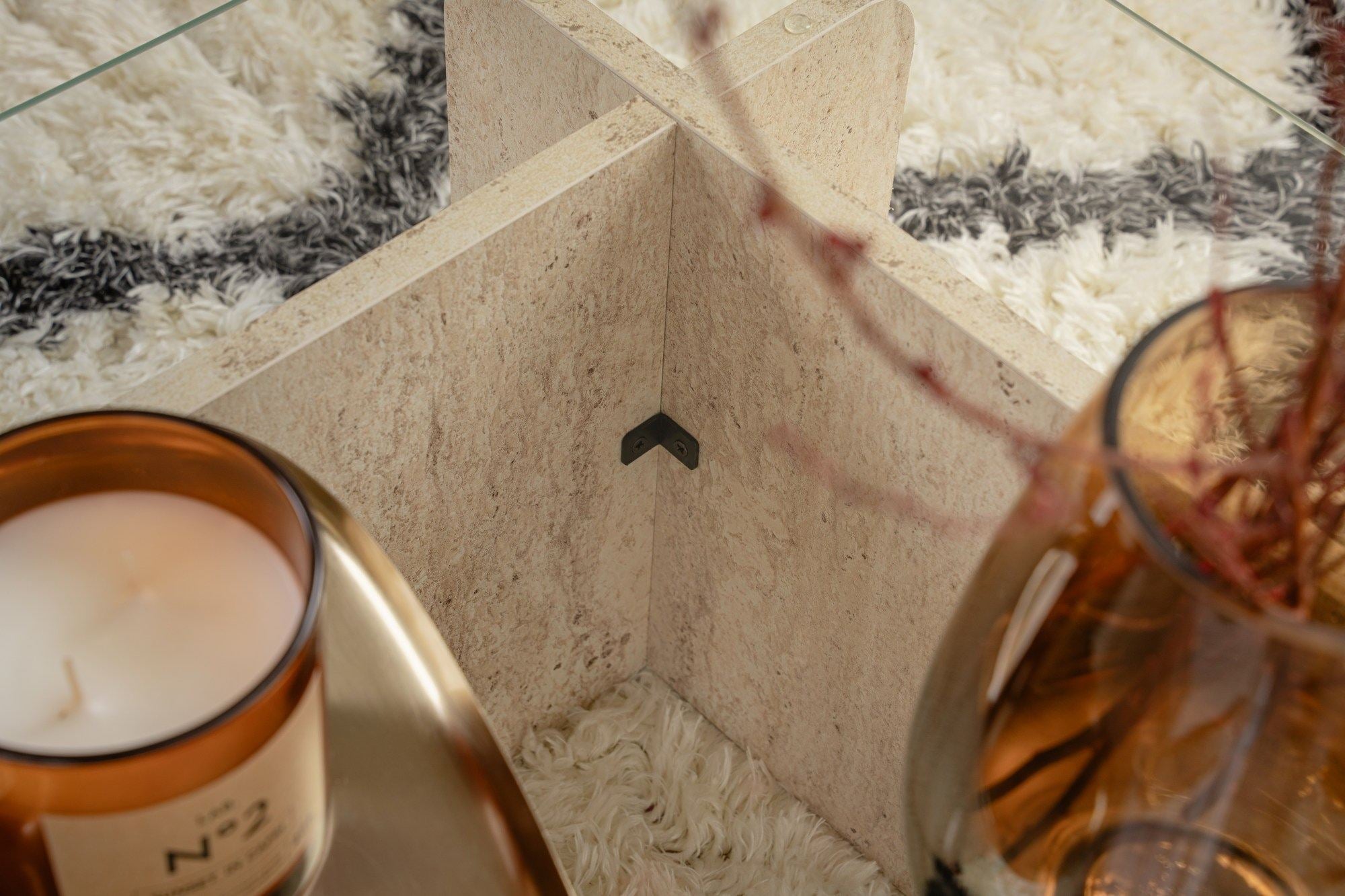 Mesa de Centro Elegante, 105 cm x 30 cm x 65 cm, Design em Mármore Travertino | Estrutura 100% Vidro Temperado e Revestimento em Melamina, 18 mm de Espessura | Elegante e Durável