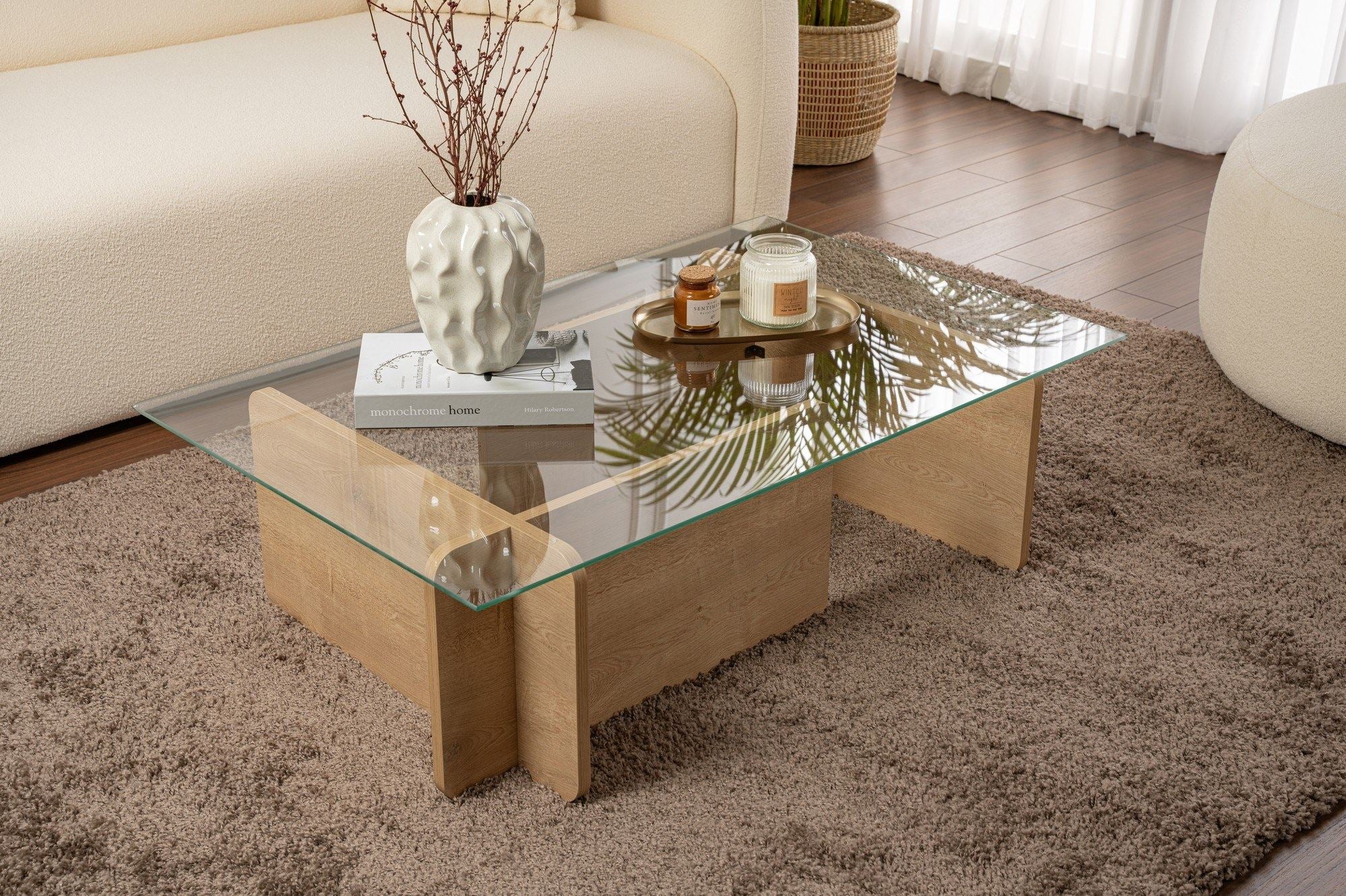 Mesa de Centro Elegante, Acabamento em Carvalho, 105 x 30 x 65 cm | Tampo 100% em Vidro Temperado, Estrutura com Revestimento em Melamina de 18 mm de Espessura | Perfeita para Espaços Modernos