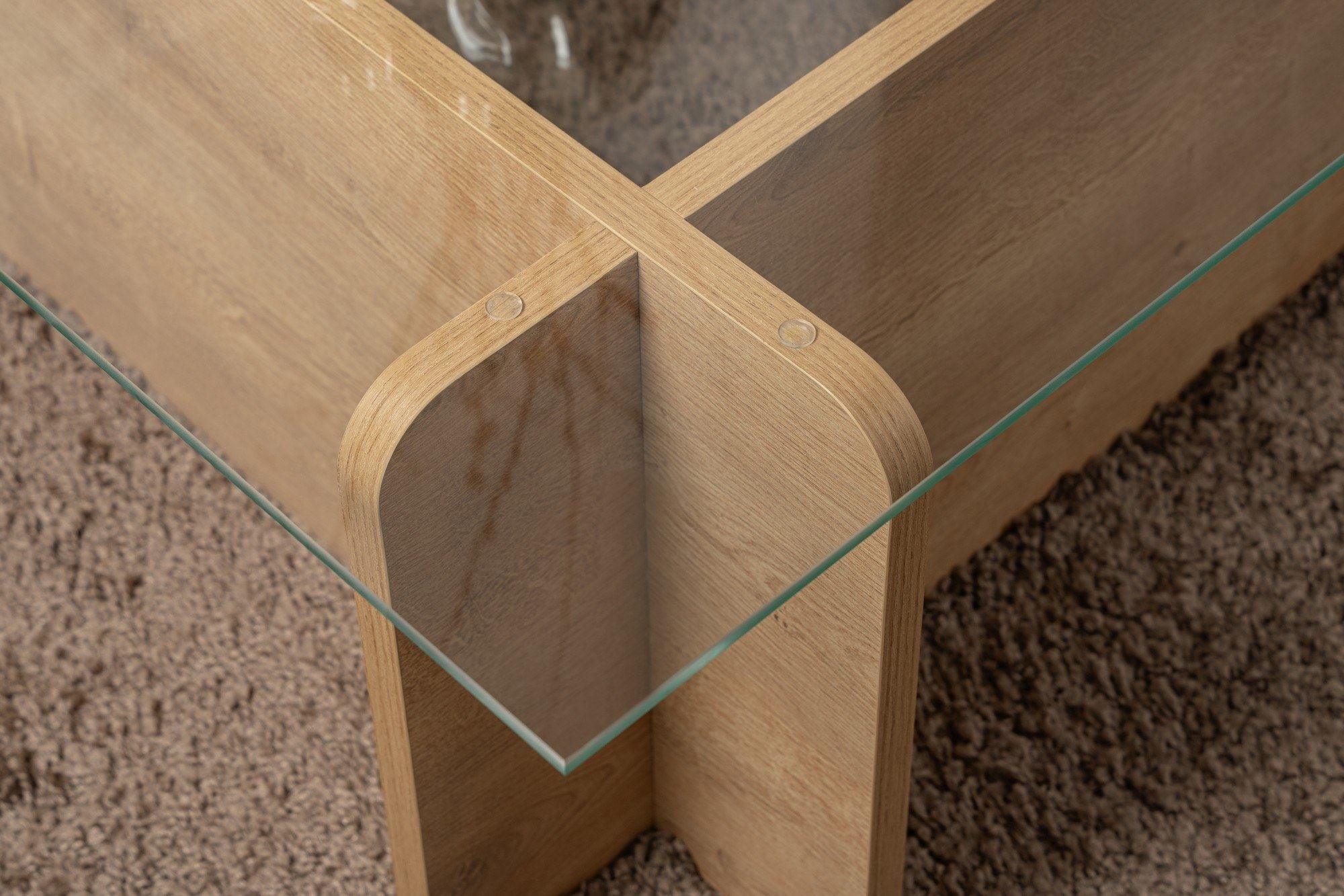 Mesa de Centro Elegante, Acabamento em Carvalho, 105 x 30 x 65 cm | Tampo 100% em Vidro Temperado, Estrutura com Revestimento em Melamina de 18 mm de Espessura | Perfeita para Espaços Modernos