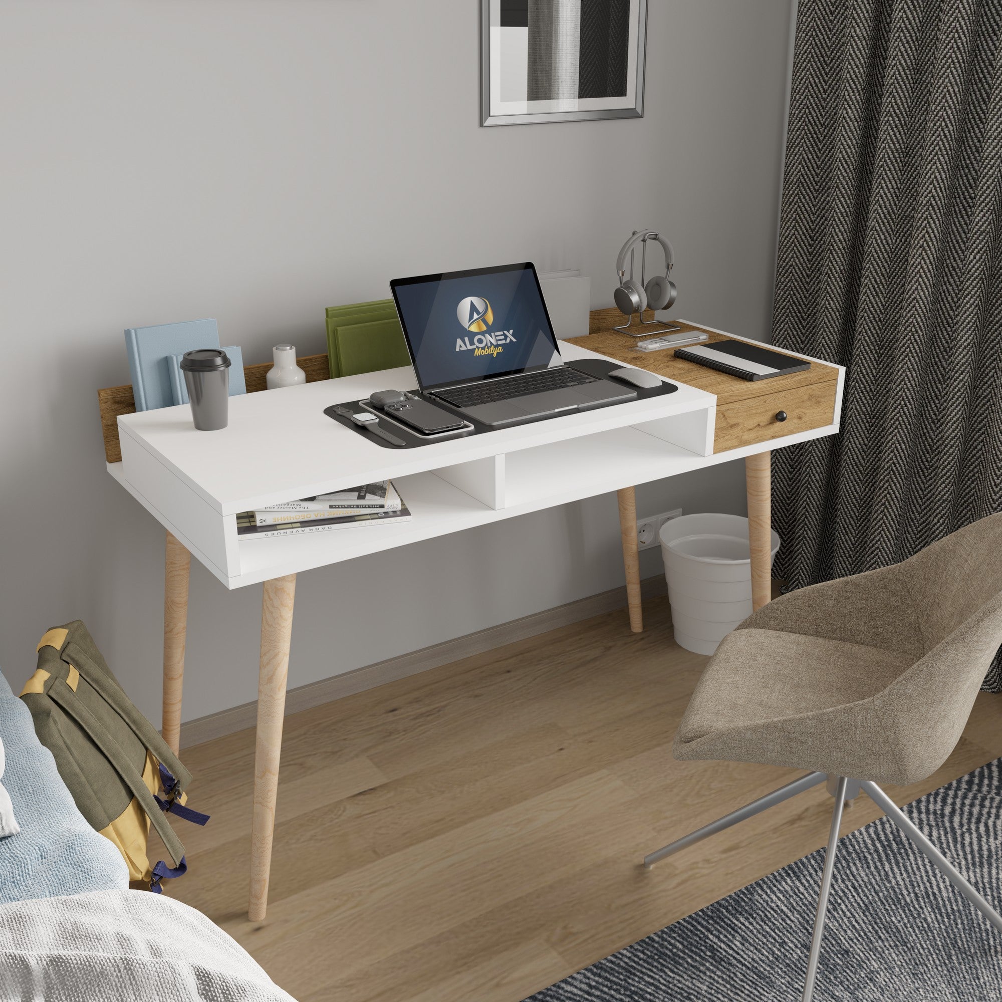 Secretária de Estudo – 120 cm x 72 cm x 53 cm – Branco e Carvalho – Aglomerado revestido a melamina