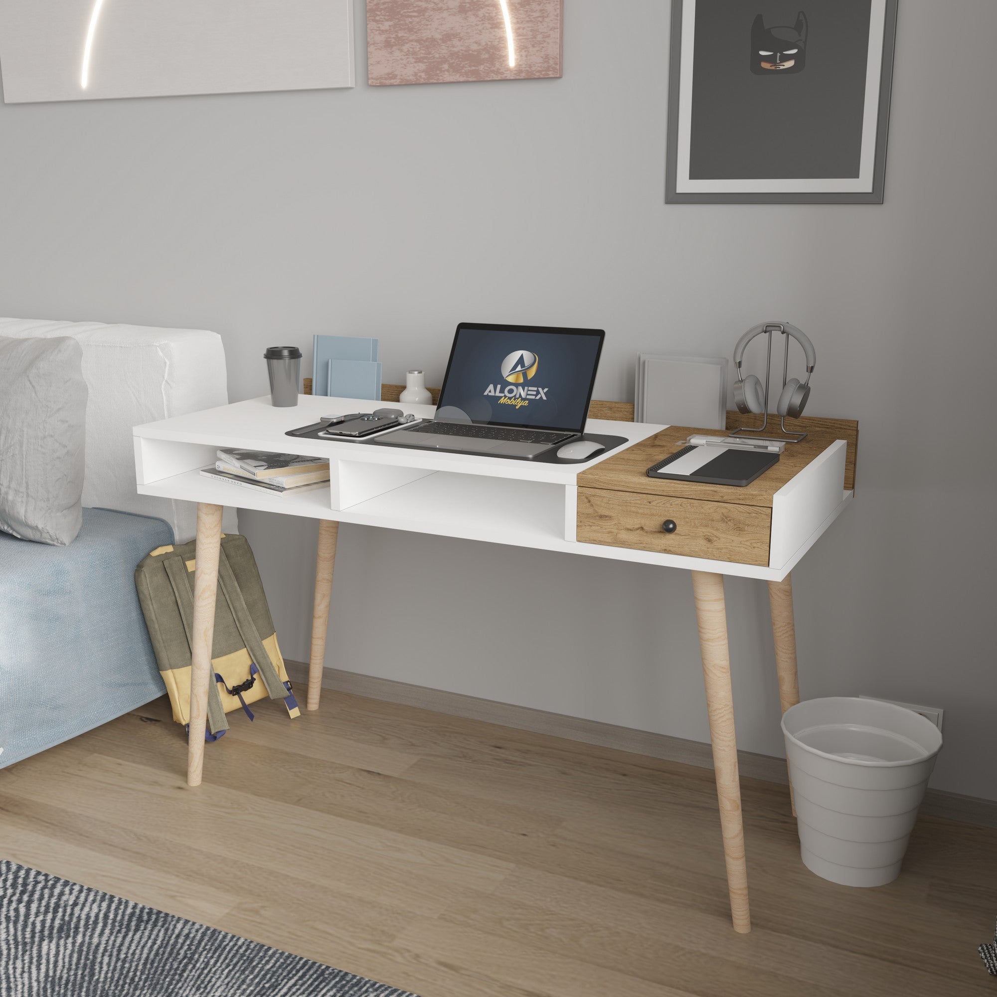 Secretária de Estudo – 120 cm x 72 cm x 53 cm – Branco e Carvalho – Aglomerado revestido a melamina