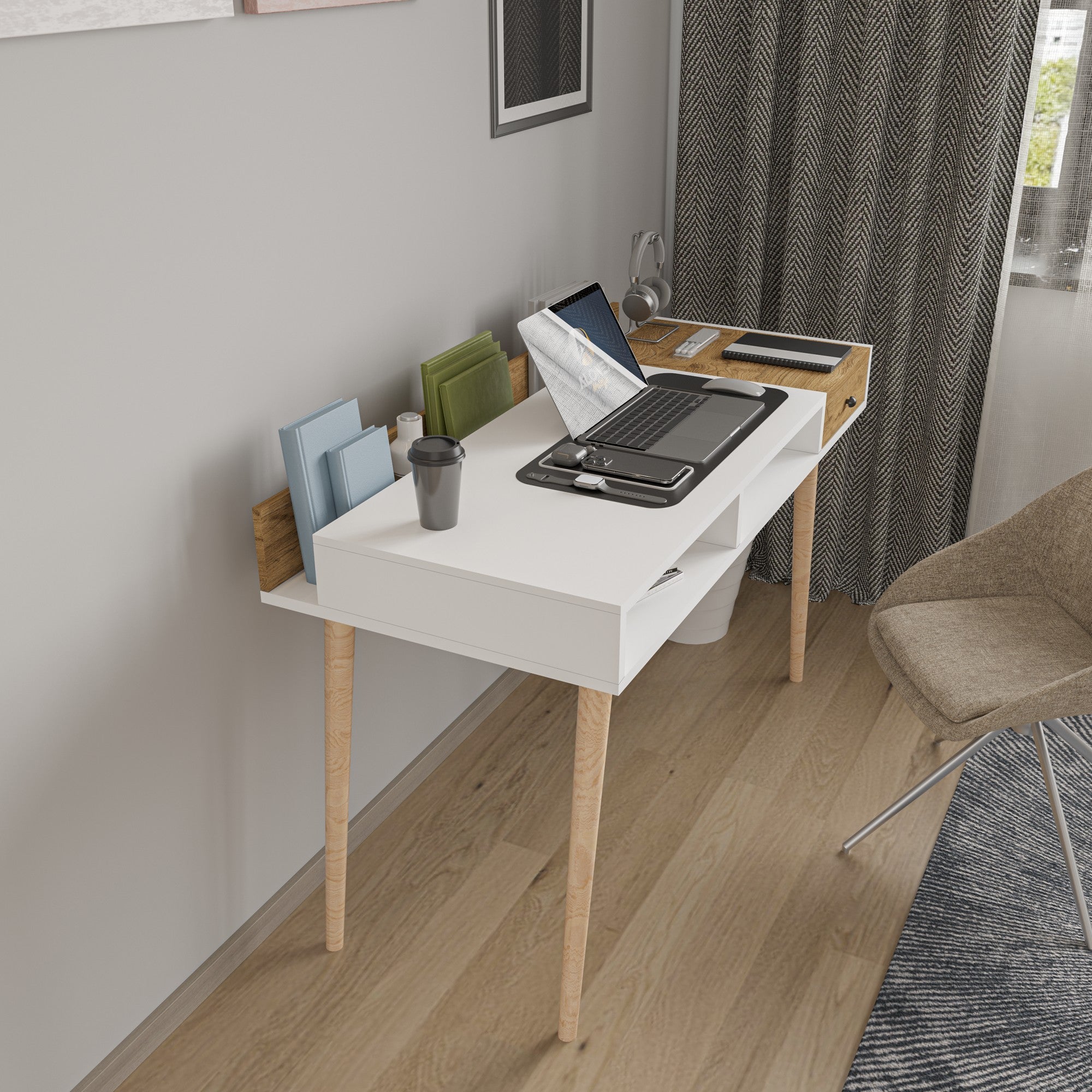 Secretária de Estudo – 120 cm x 72 cm x 53 cm – Branco e Carvalho – Aglomerado revestido a melamina