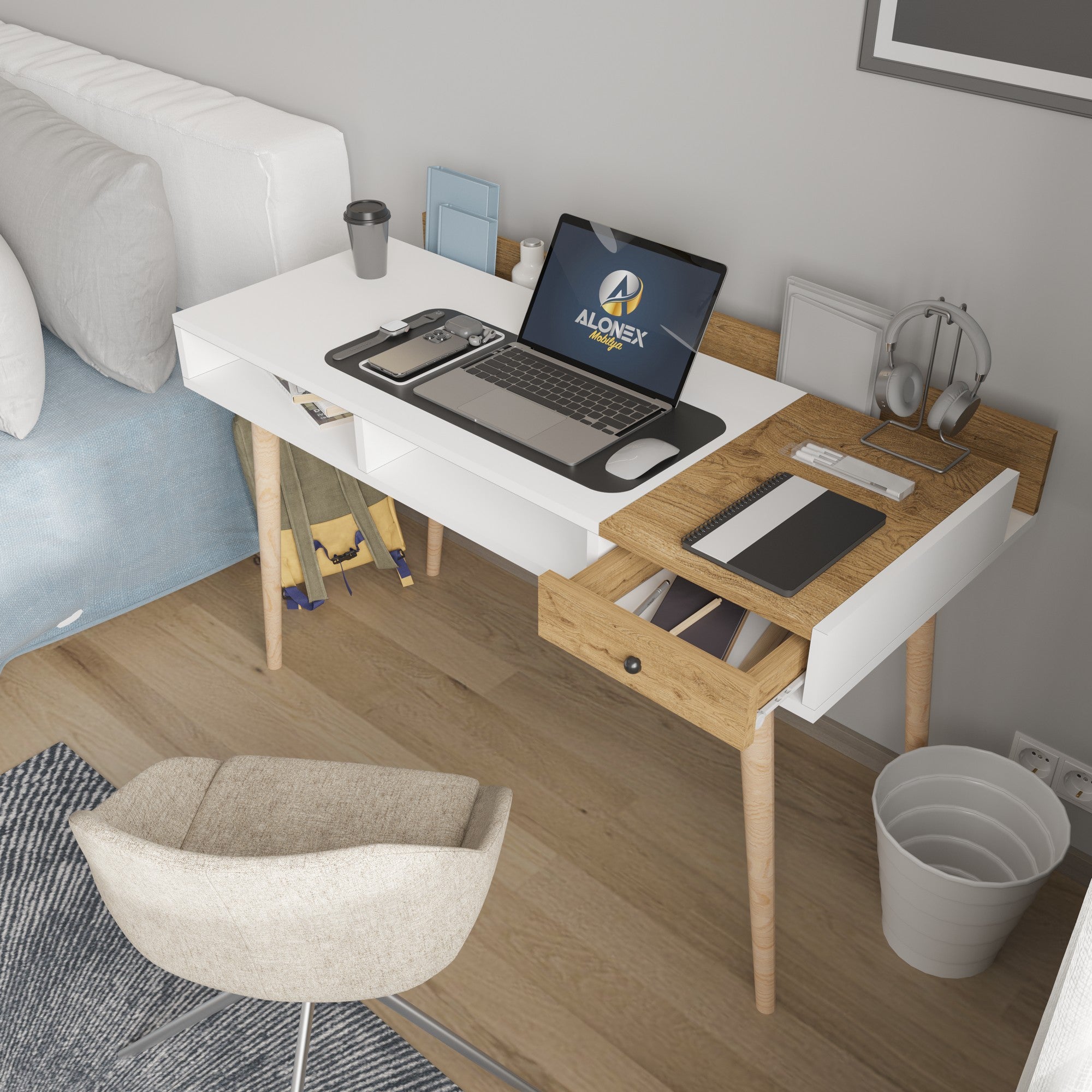 Secretária de Estudo – 120 cm x 72 cm x 53 cm – Branco e Carvalho – Aglomerado revestido a melamina