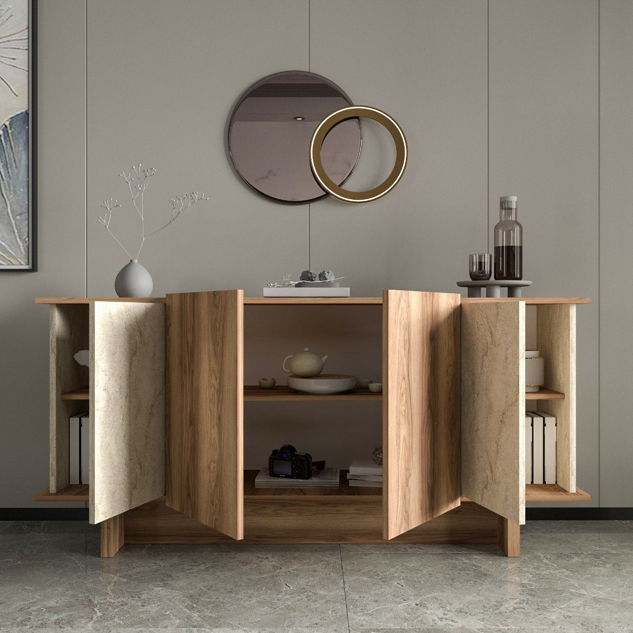 Aparador – 180 cm x 81 cm x 40 cm – Travertino e nogueira – Aglomerado