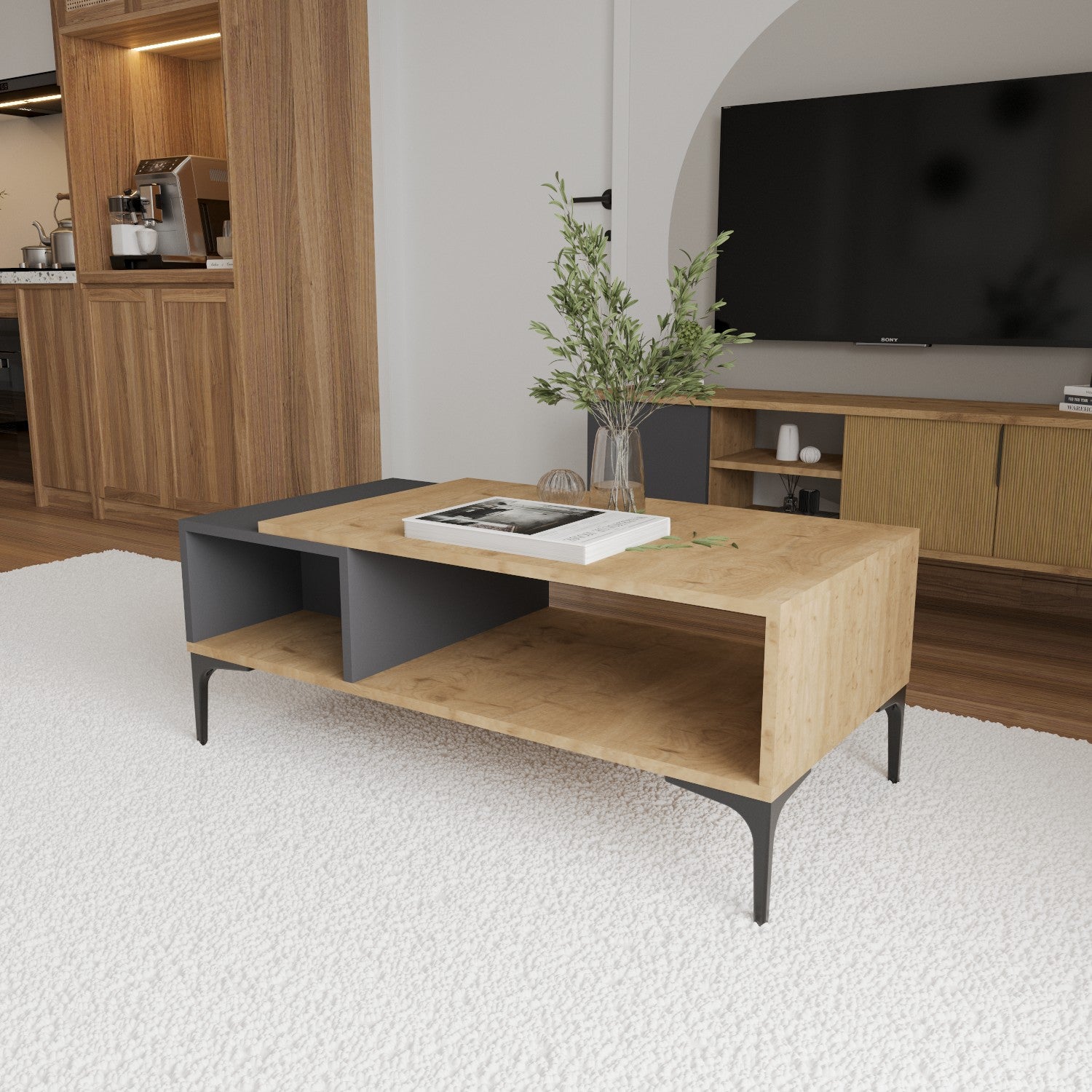 Mesa de Centro – 90 cm x 39 cm x 50 cm – Antracite e Carvalho – Aglomerado