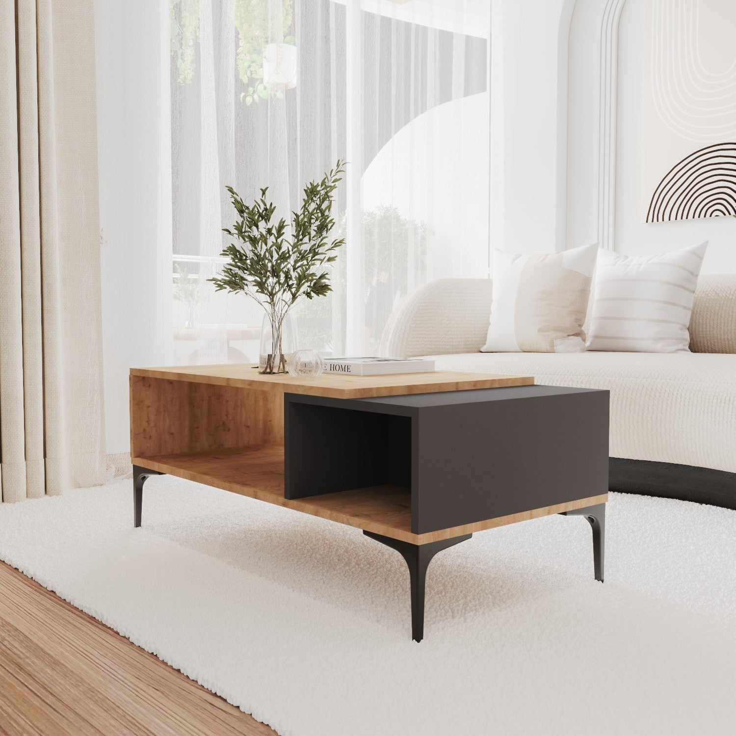 Mesa de Centro – 90 cm x 39 cm x 50 cm – Antracite e Carvalho – Aglomerado