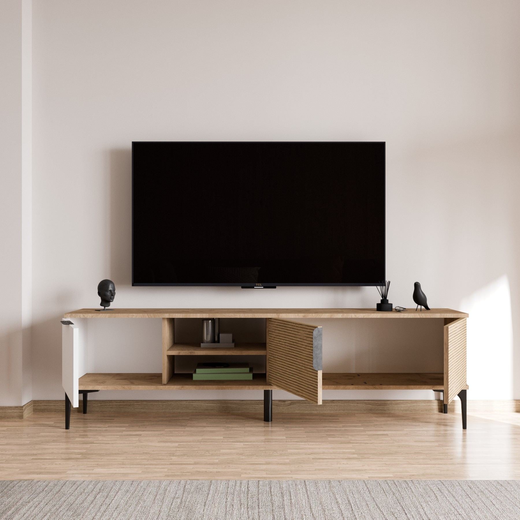 Móvel de TV – 180 x 49 x 33 cm – Branco e Carvalho – Aglomerado