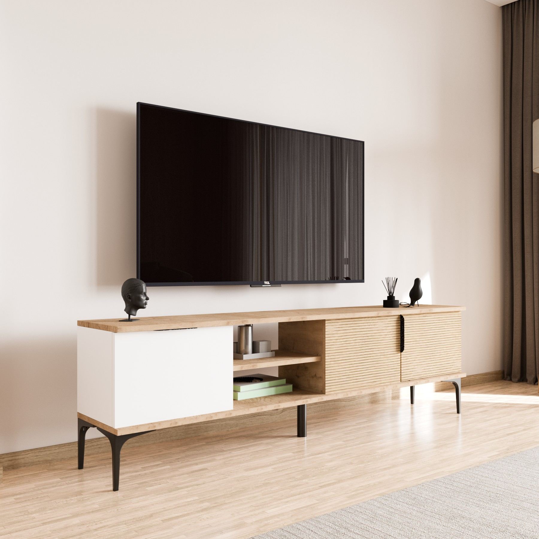 Móvel de TV – 180 x 49 x 33 cm – Branco e Carvalho – Aglomerado
