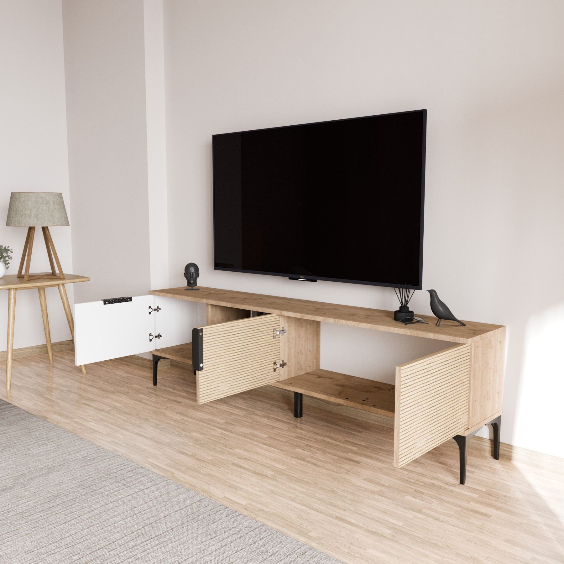 Móvel de TV – 180 x 49 x 33 cm – Branco e Carvalho – Aglomerado