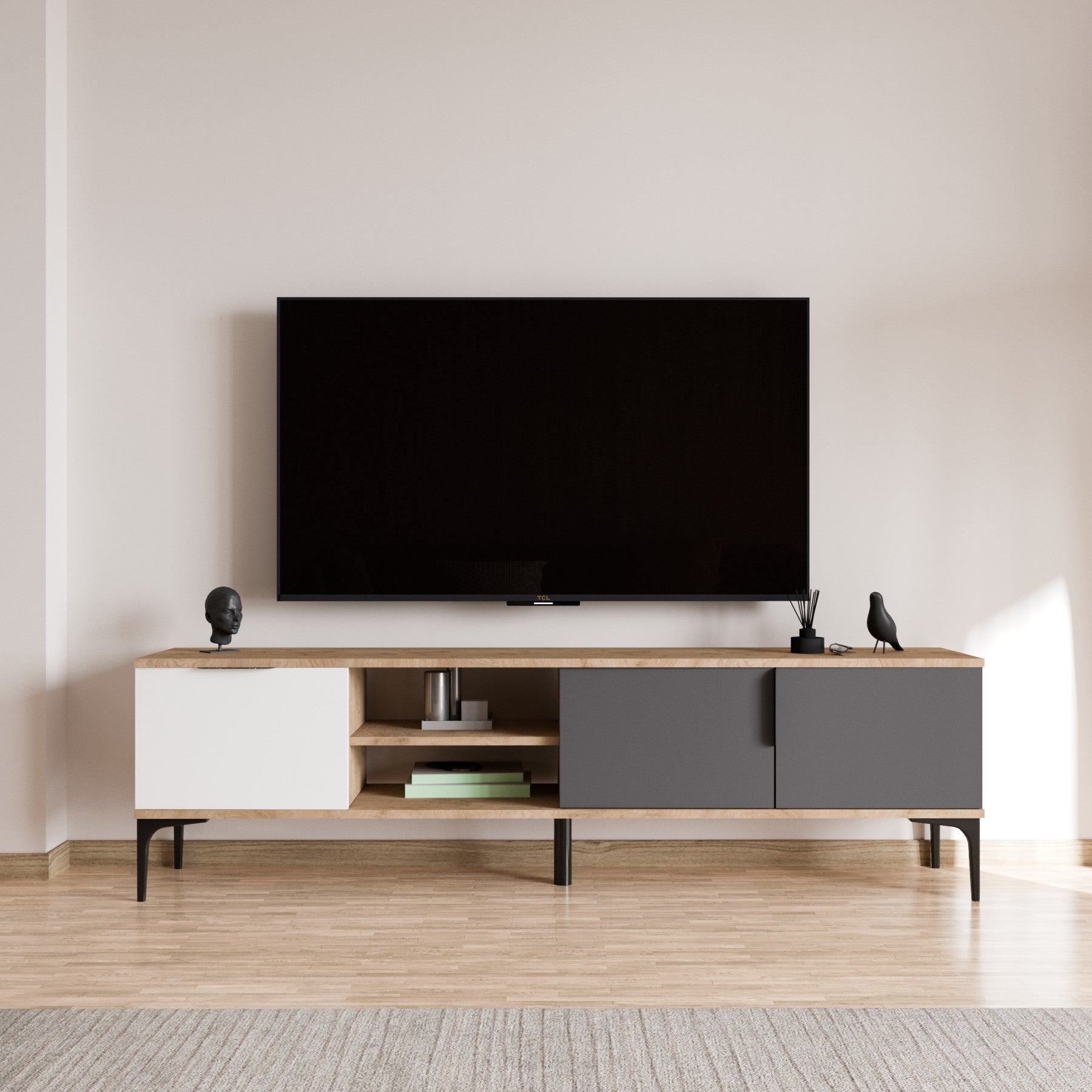 Móvel de TV – 180 cm x 49 cm – Branco, Antracite, Carvalho – Aglomerado