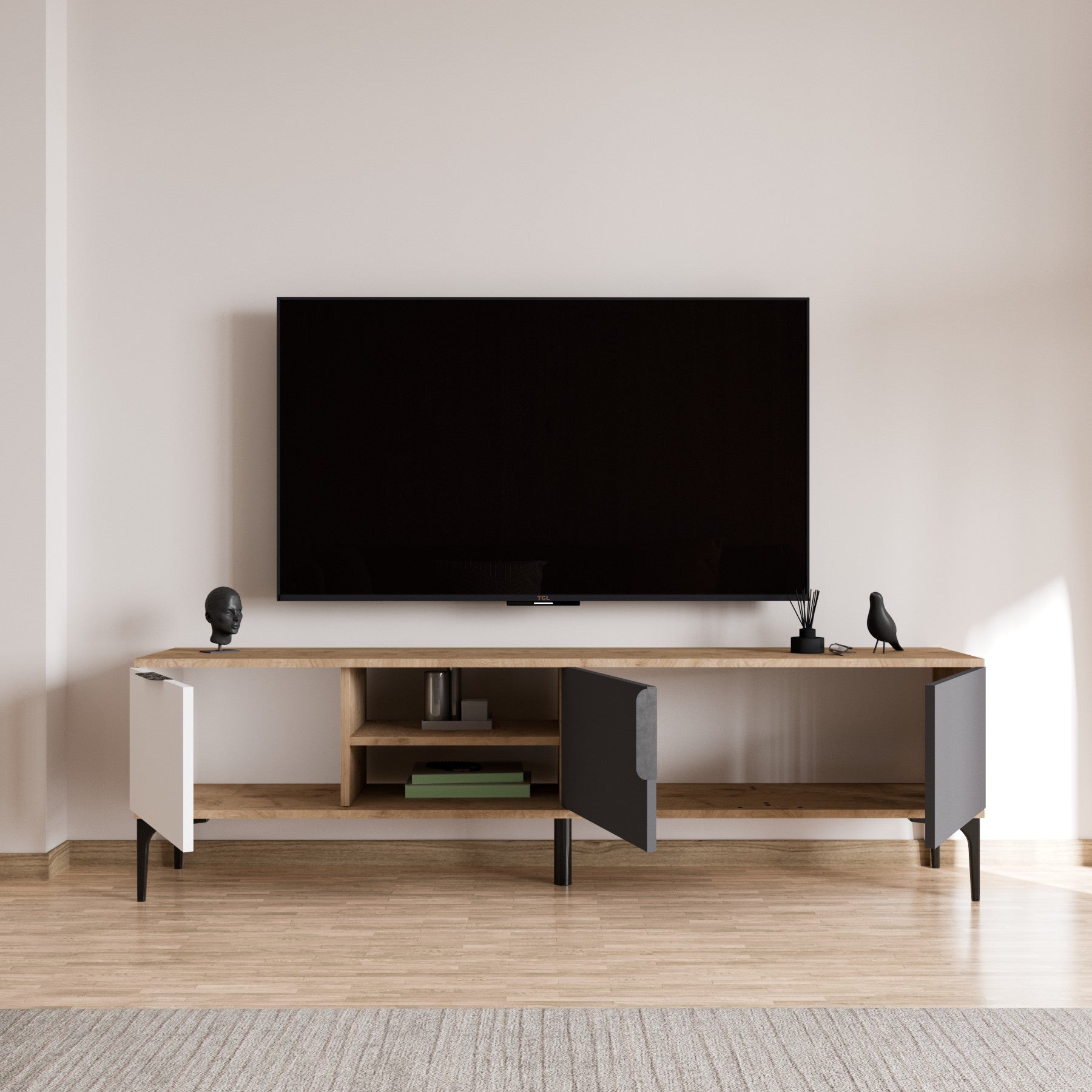 Móvel de TV – 180 cm x 49 cm – Branco, Antracite, Carvalho – Aglomerado