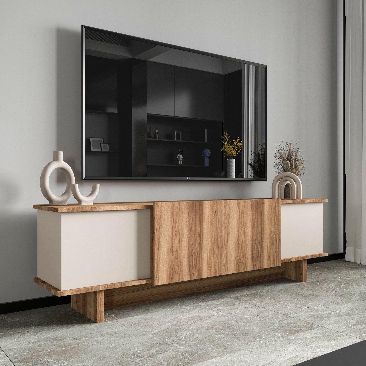 Móvel de TV – 180 x 50 x 33 cm – Bege e Nogueira – Aglomerado revestido em melamina