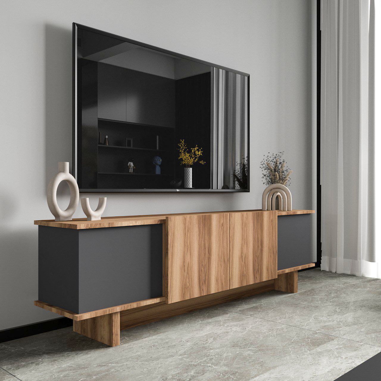Móvel de TV – 180 cm x 50 cm x 33 cm – Antracite e Nogueira – Chipboard