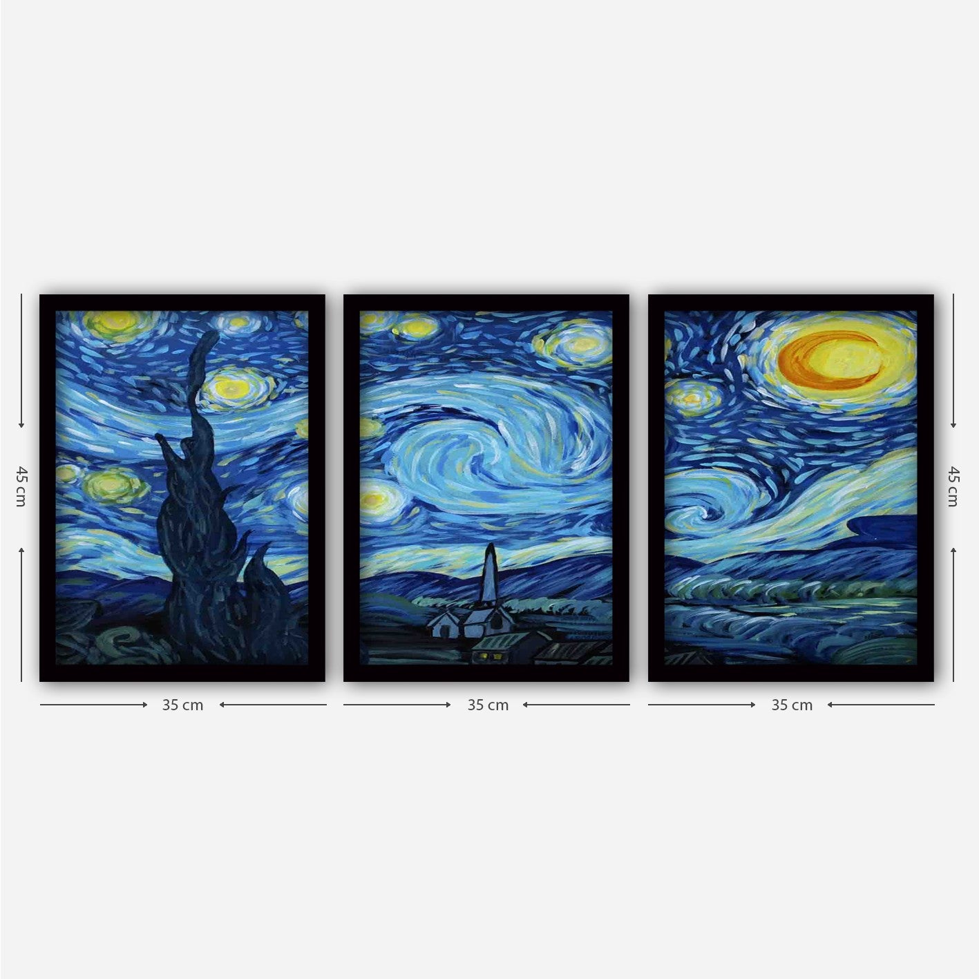 Pinturas Decorativas em Moldura de Vincent van Gogh (3 Peças), 35 x 45 cm | 100% MDF, 2 cm de Espessura, Moldura de Plástico | Perfeito para Amantes de Decoração e Arte