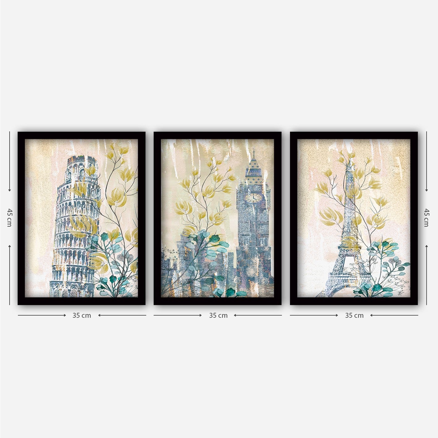Conjunto elegante de pinturas decorativas emolduradas (3 peças), 35 x 45 cm | 100% MDF, 2 cm de espessura, moldura de plástico durável | Perfeito para decoração de casa e espaços modernos