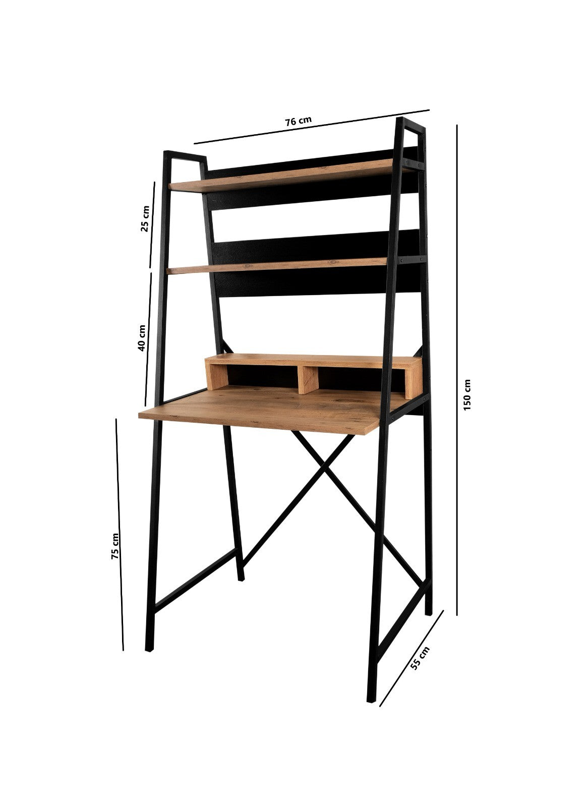 Secretária de Estudo e Estante – 75cm x 55cm x 105cm – Pinho Atlântico e Preto – Aglomerado e Metal