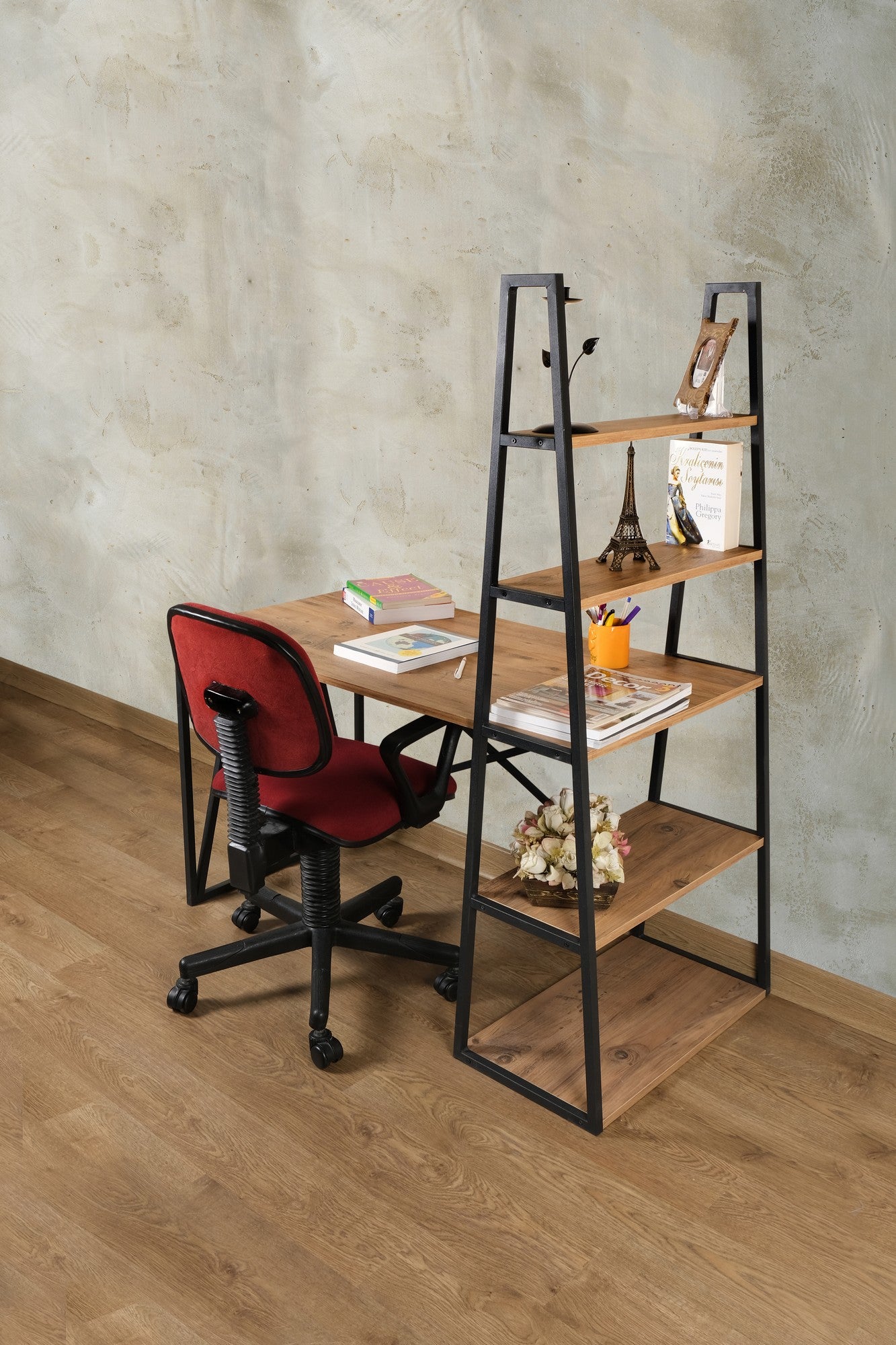 Secretária de Estudo e Estante – 125cm x 150cm x 60cm – Pinho Atlântico e Preto – Aglomerado e Metal